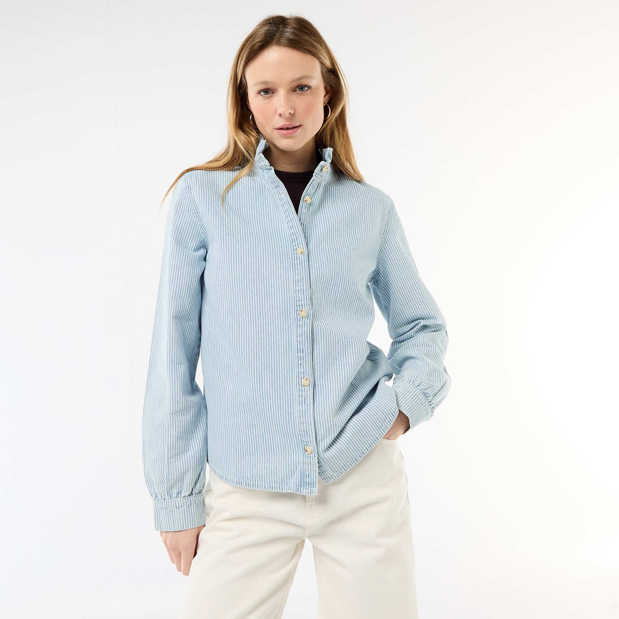 Denim Blouse with Ruffled Collar BLUE - Image 4