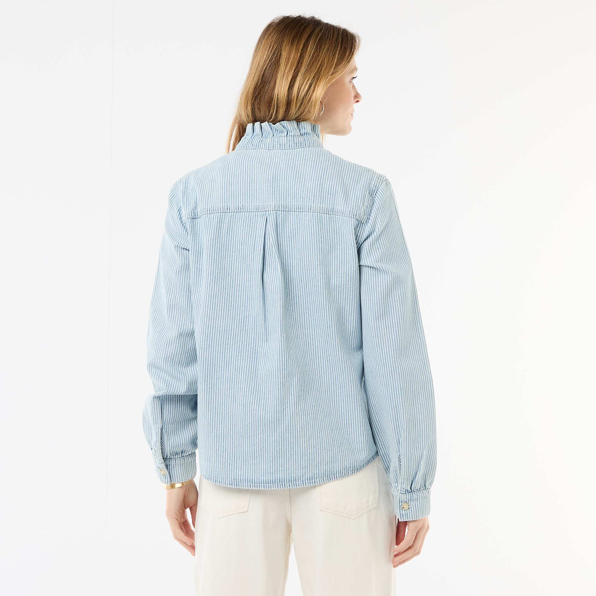 Denim Blouse with Ruffled Collar BLUE - Image 5