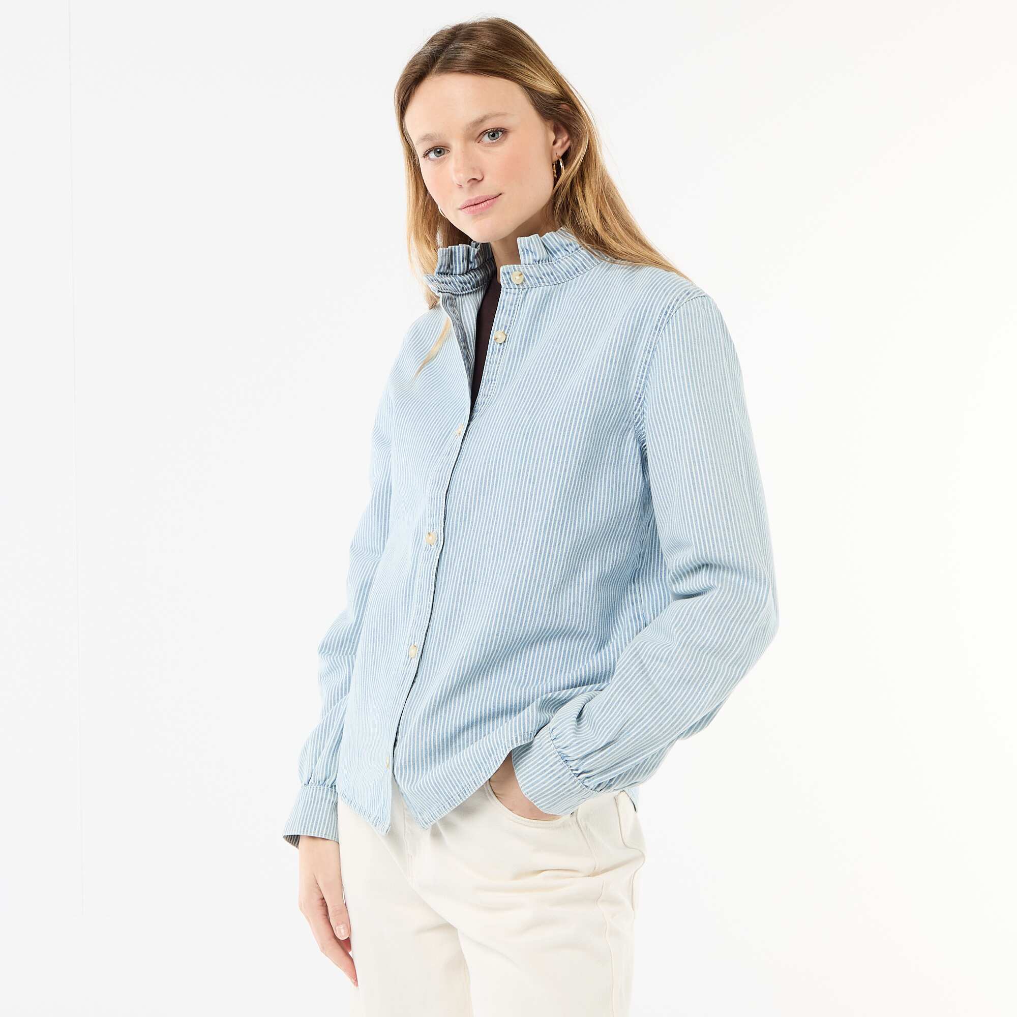 Denim Blouse with Ruffled Collar BLUE - Image 6