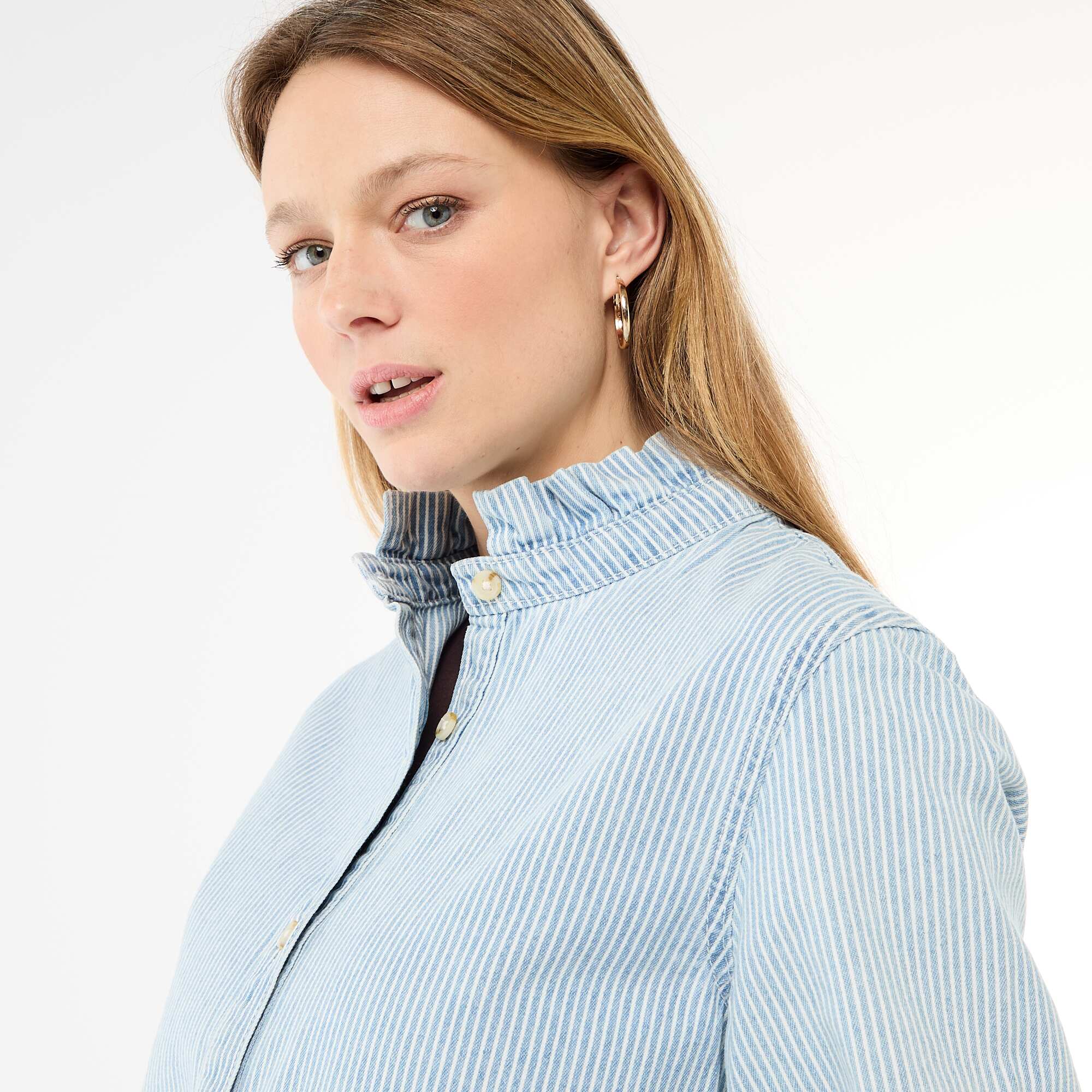 Denim Blouse with Ruffled Collar BLUE - Image 7