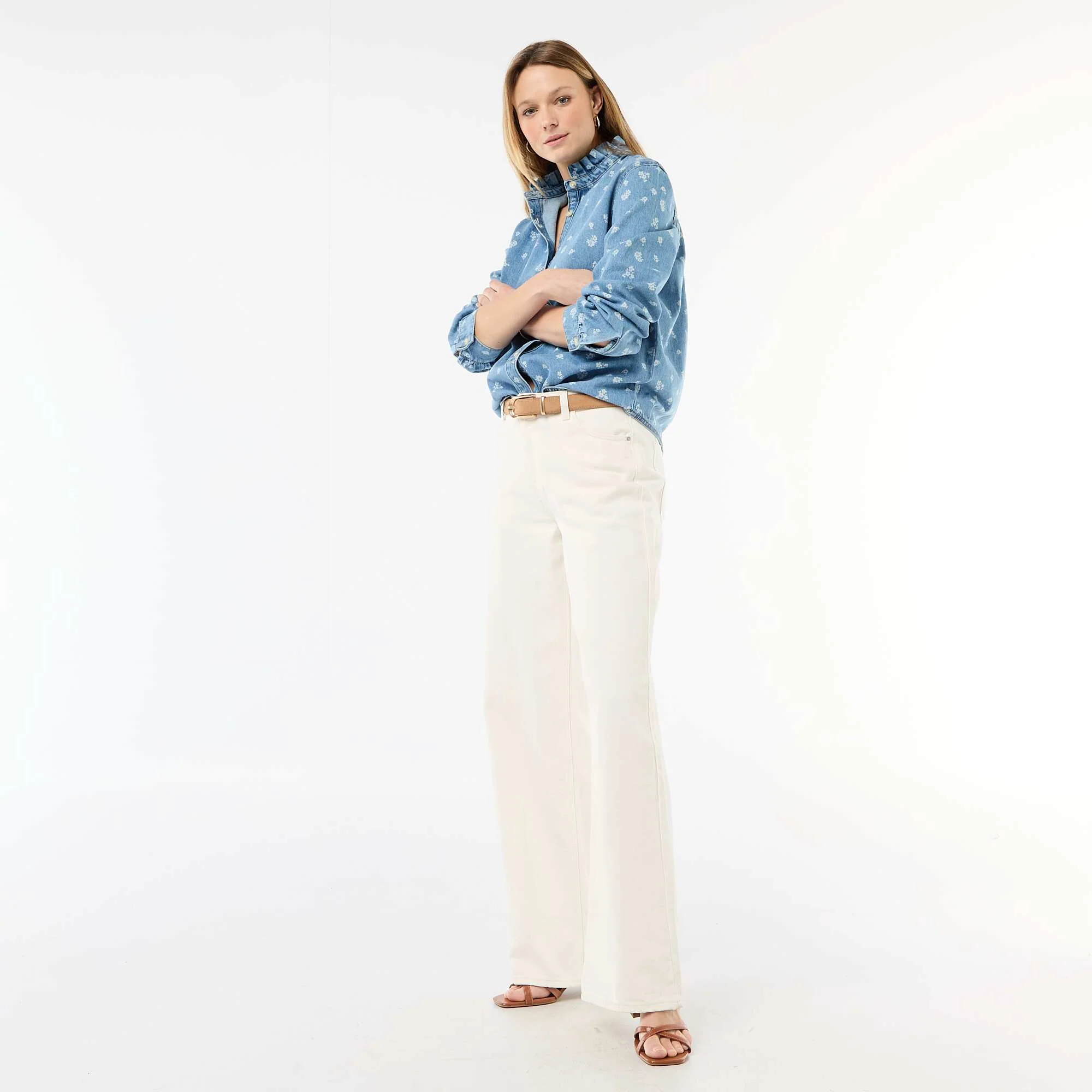 Denim Blouse with Ruffled Collar BLUE - Image 2