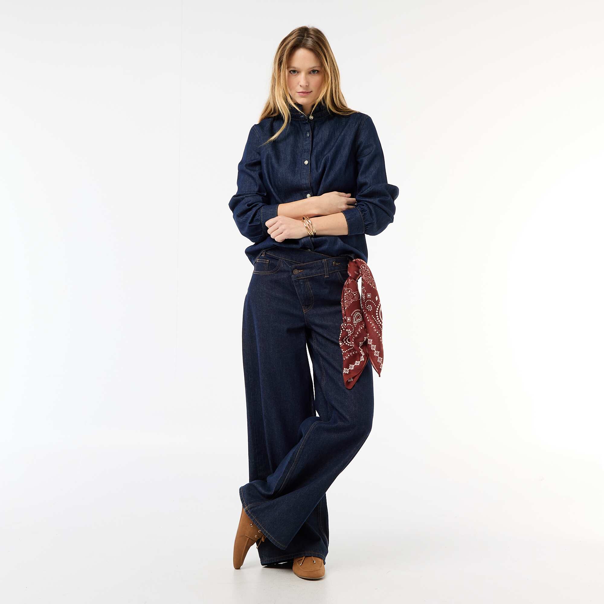 Denim Blouse with Ruffled Collar BLUE - Image 2