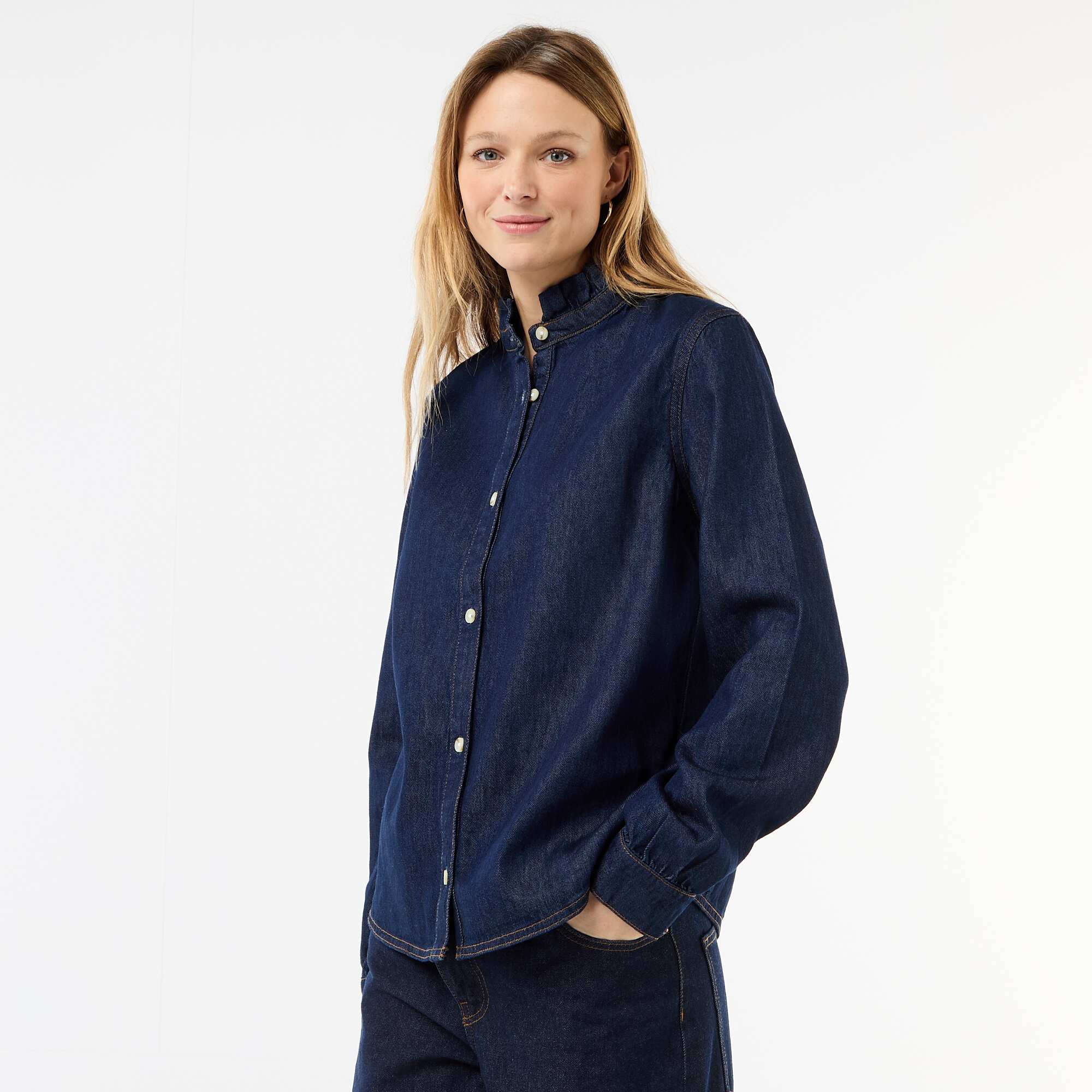 Denim Blouse with Ruffled Collar BLUE - Image 3