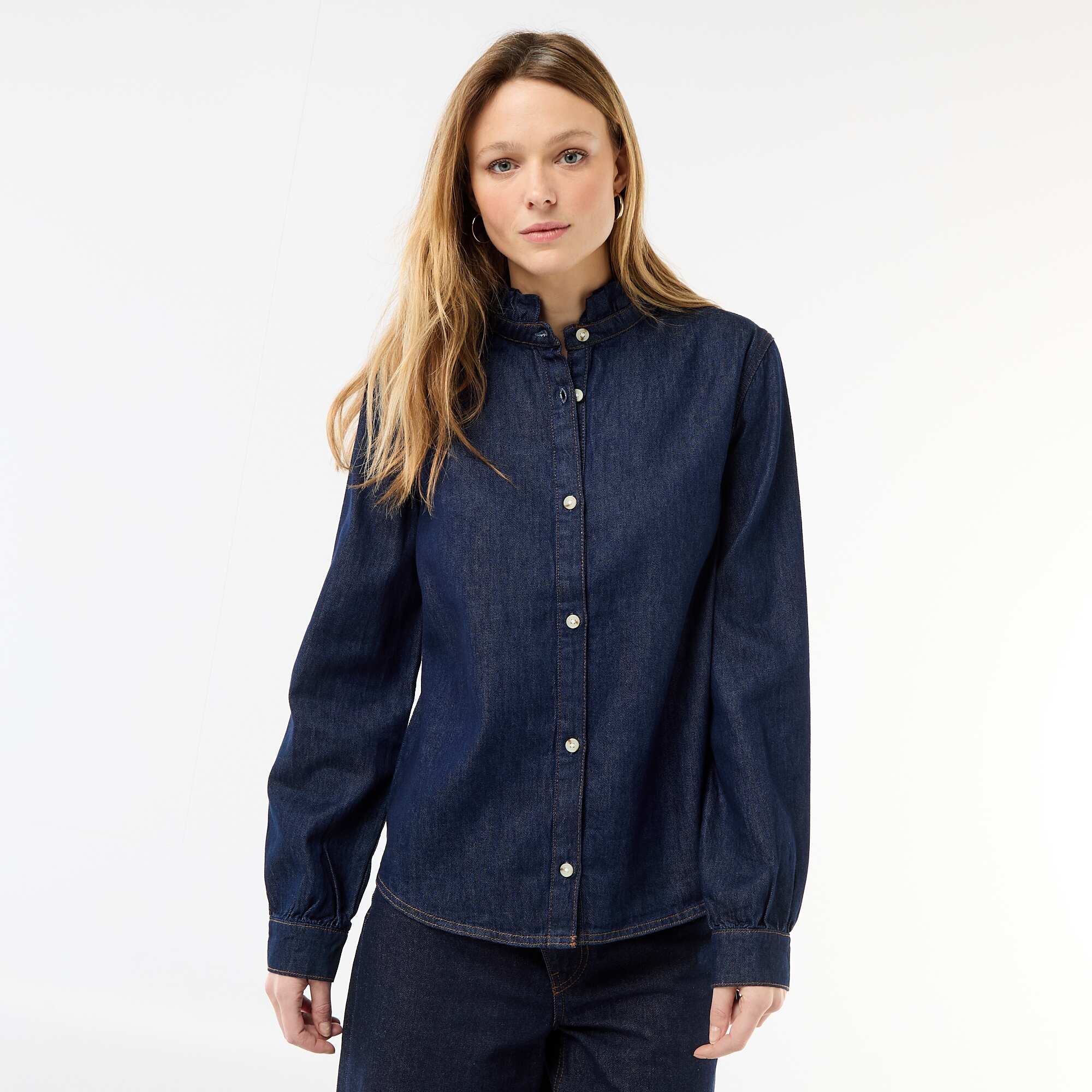 Denim Blouse with Ruffled Collar BLUE - Image 5