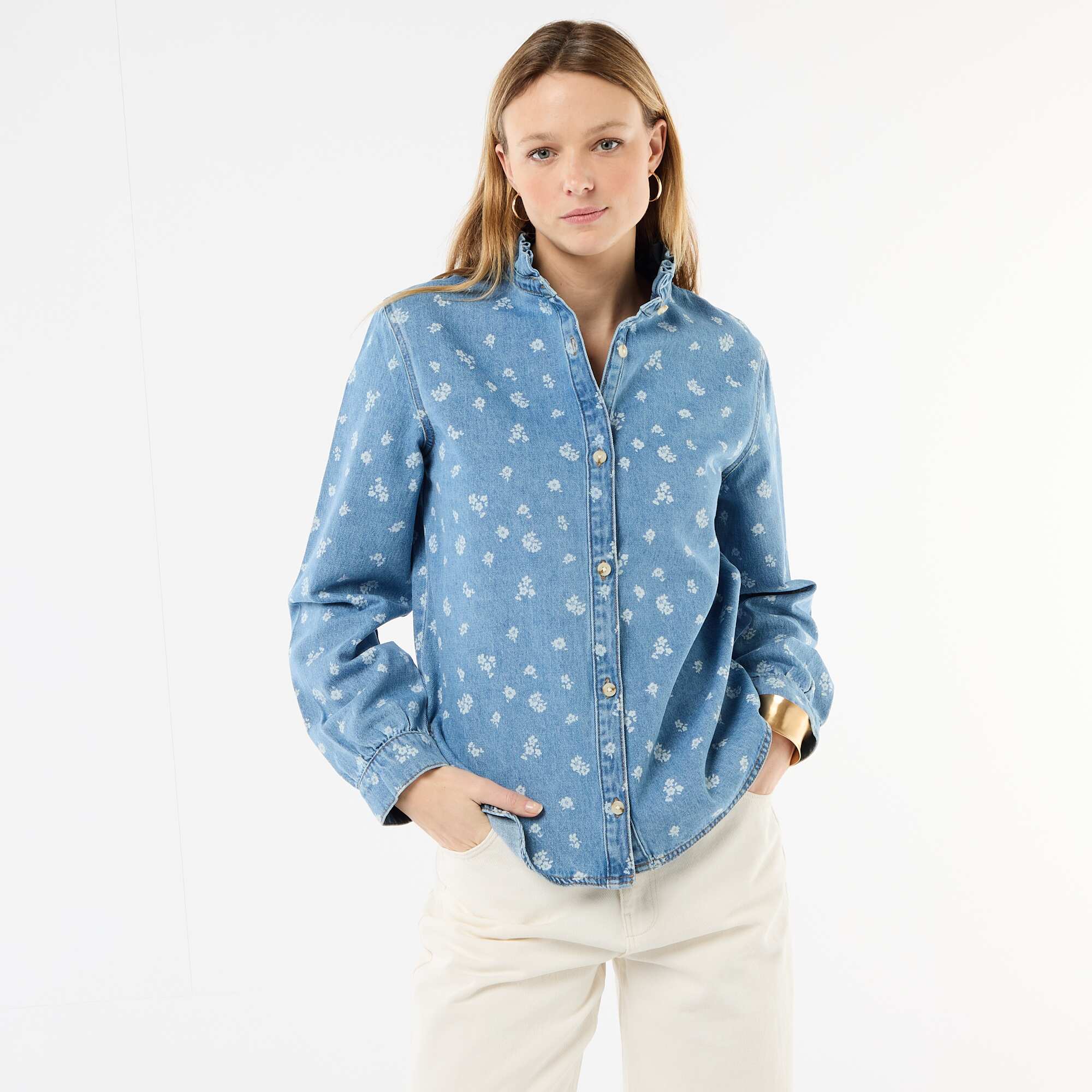 Denim Blouse with Ruffled Collar BLUE - Image 3