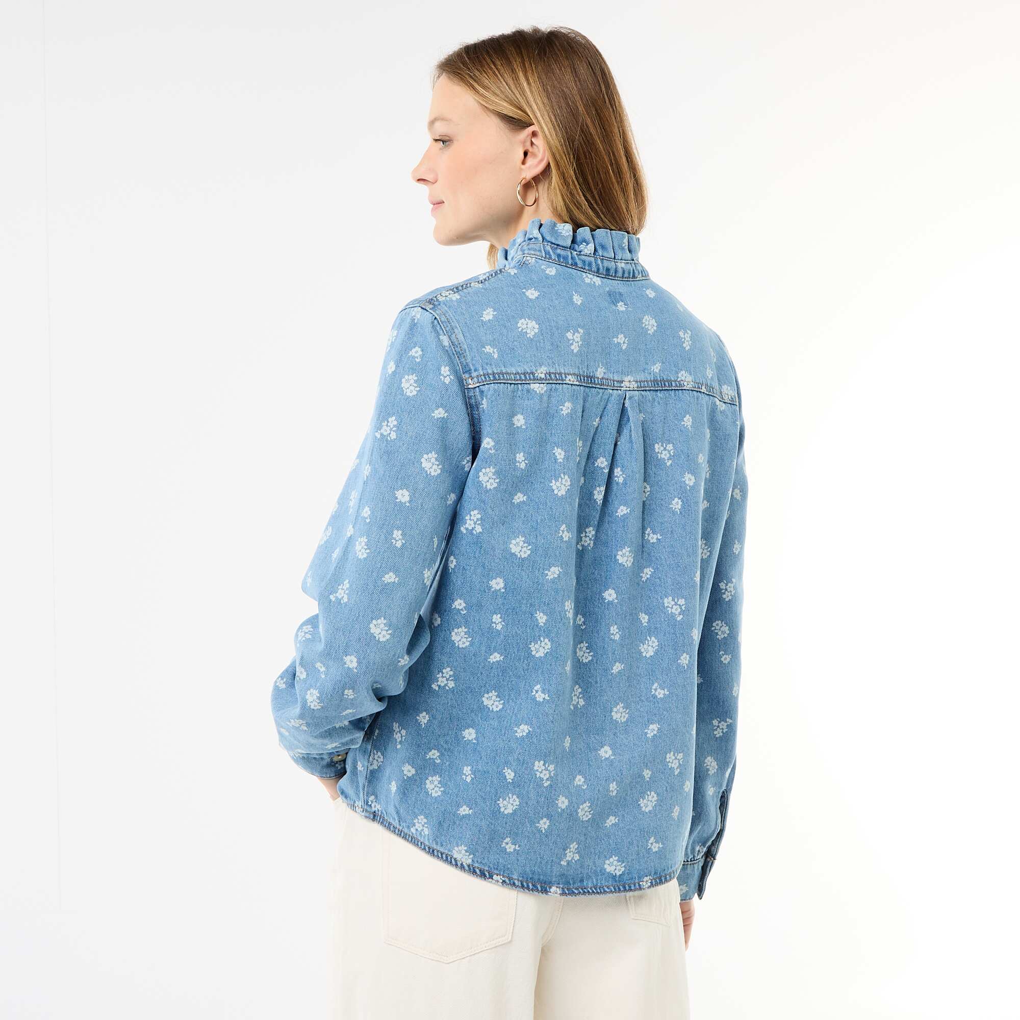 Denim Blouse with Ruffled Collar BLUE - Image 4