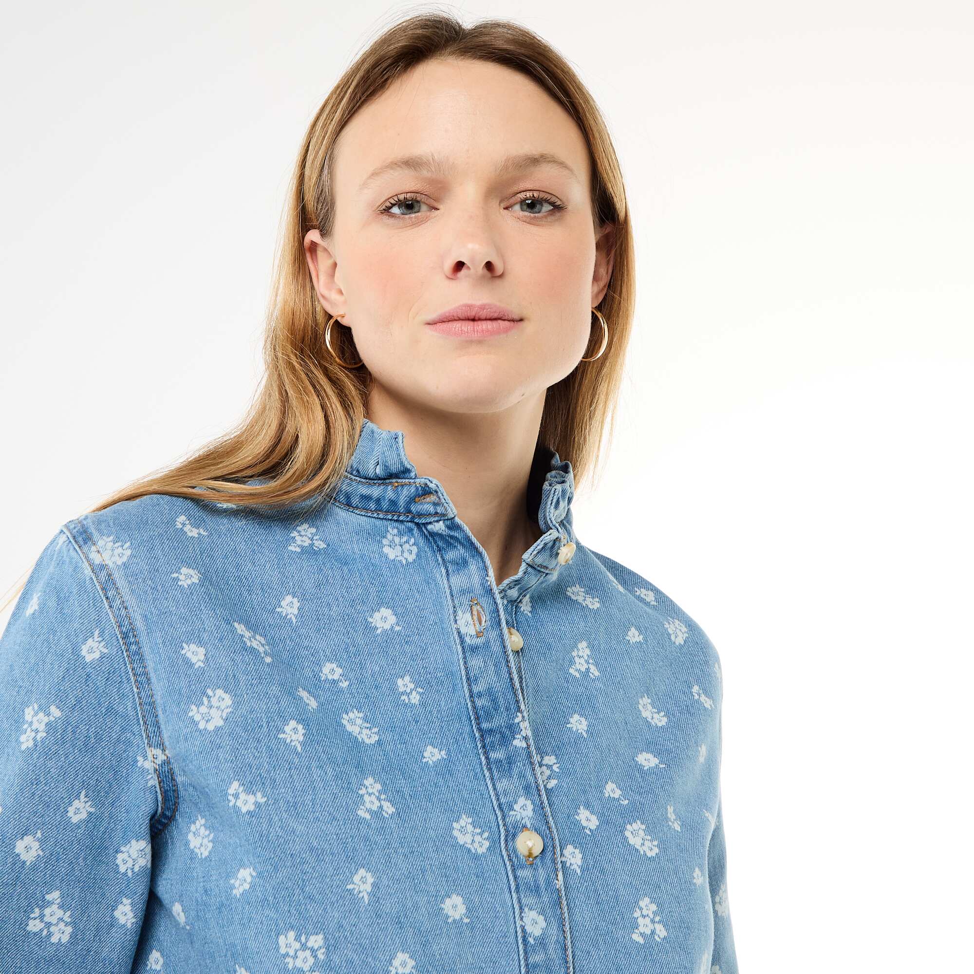 Denim Blouse with Ruffled Collar BLUE - Image 5