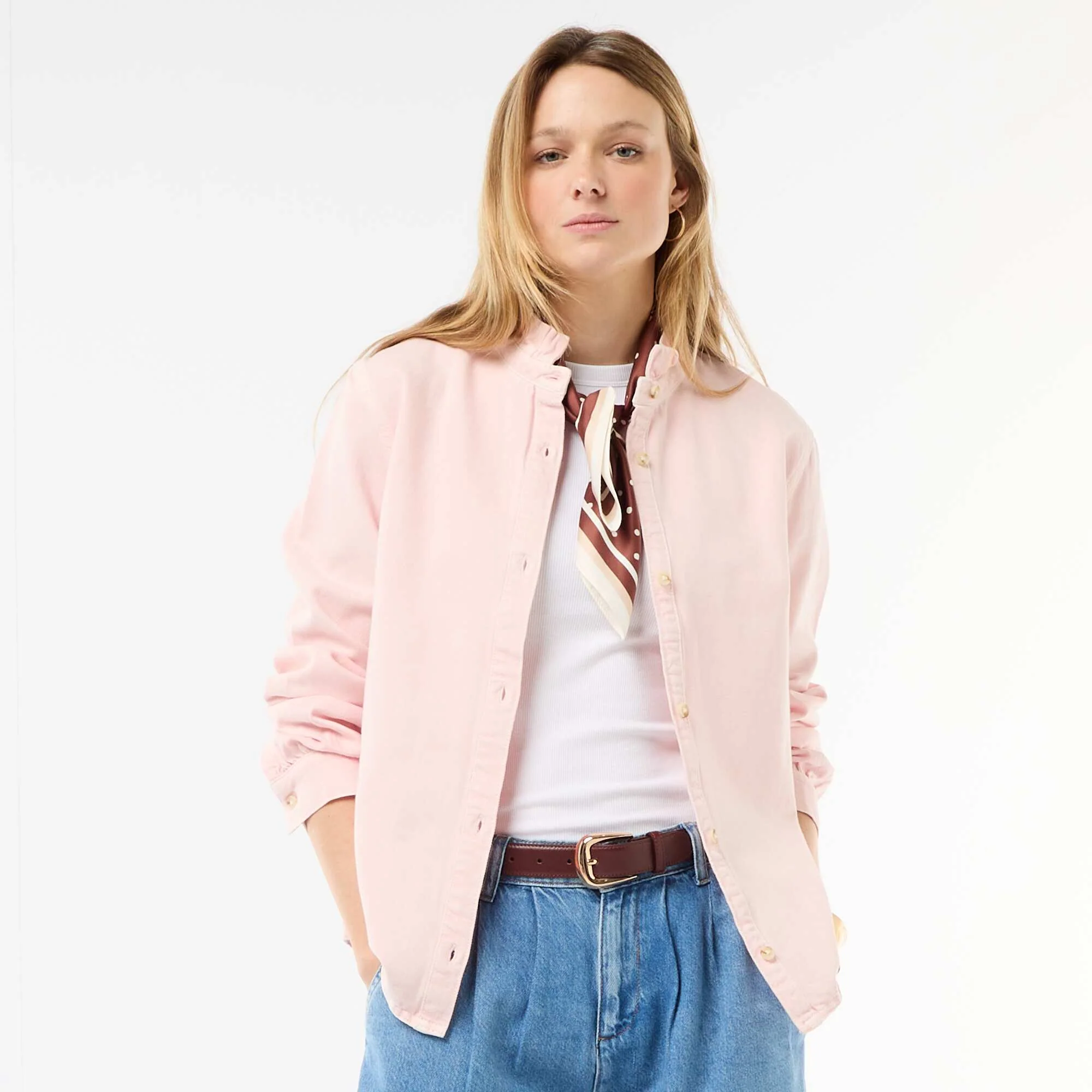 Denim Blouse with Ruffled Collar PINK