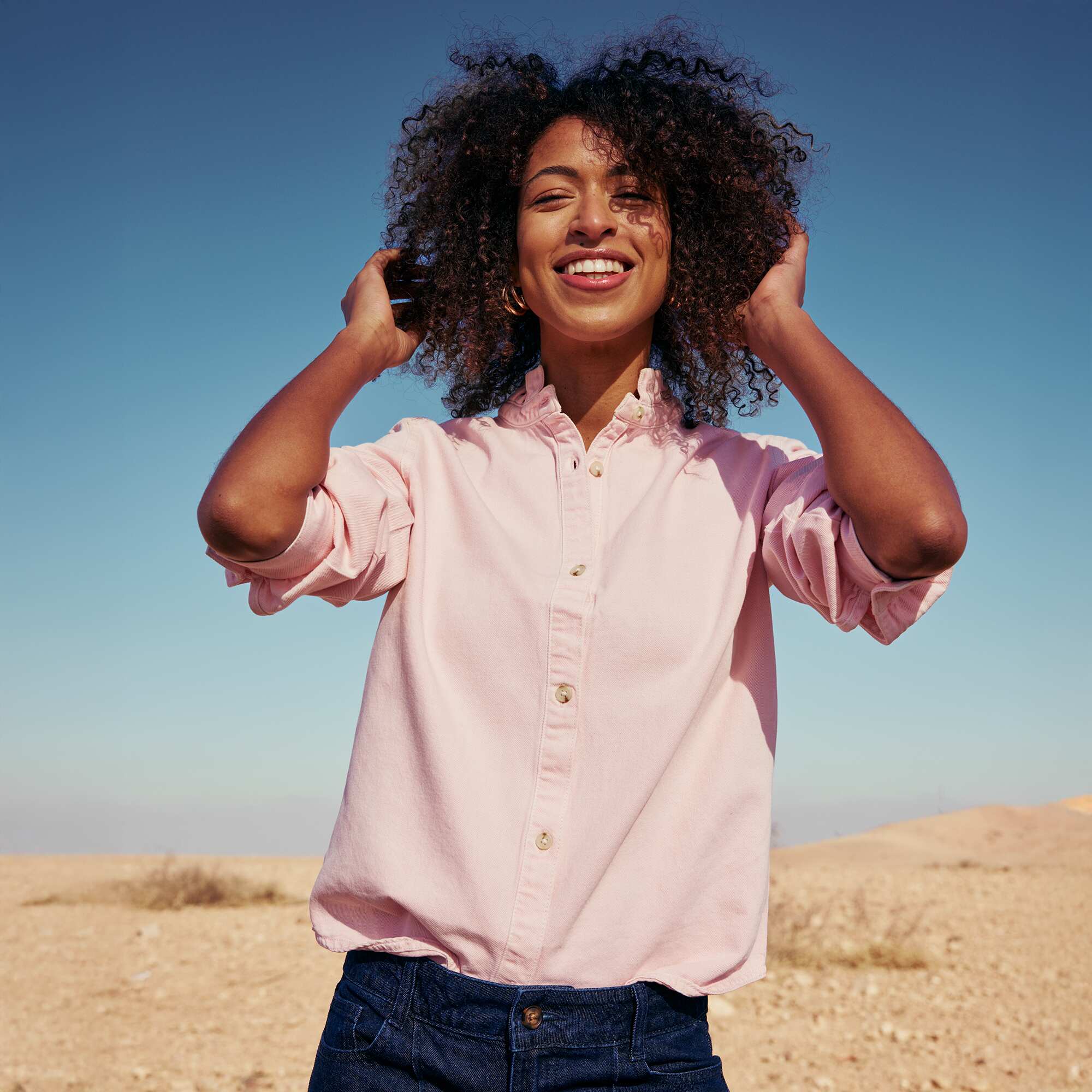 Denim Blouse with Ruffled Collar PINK - Image 2