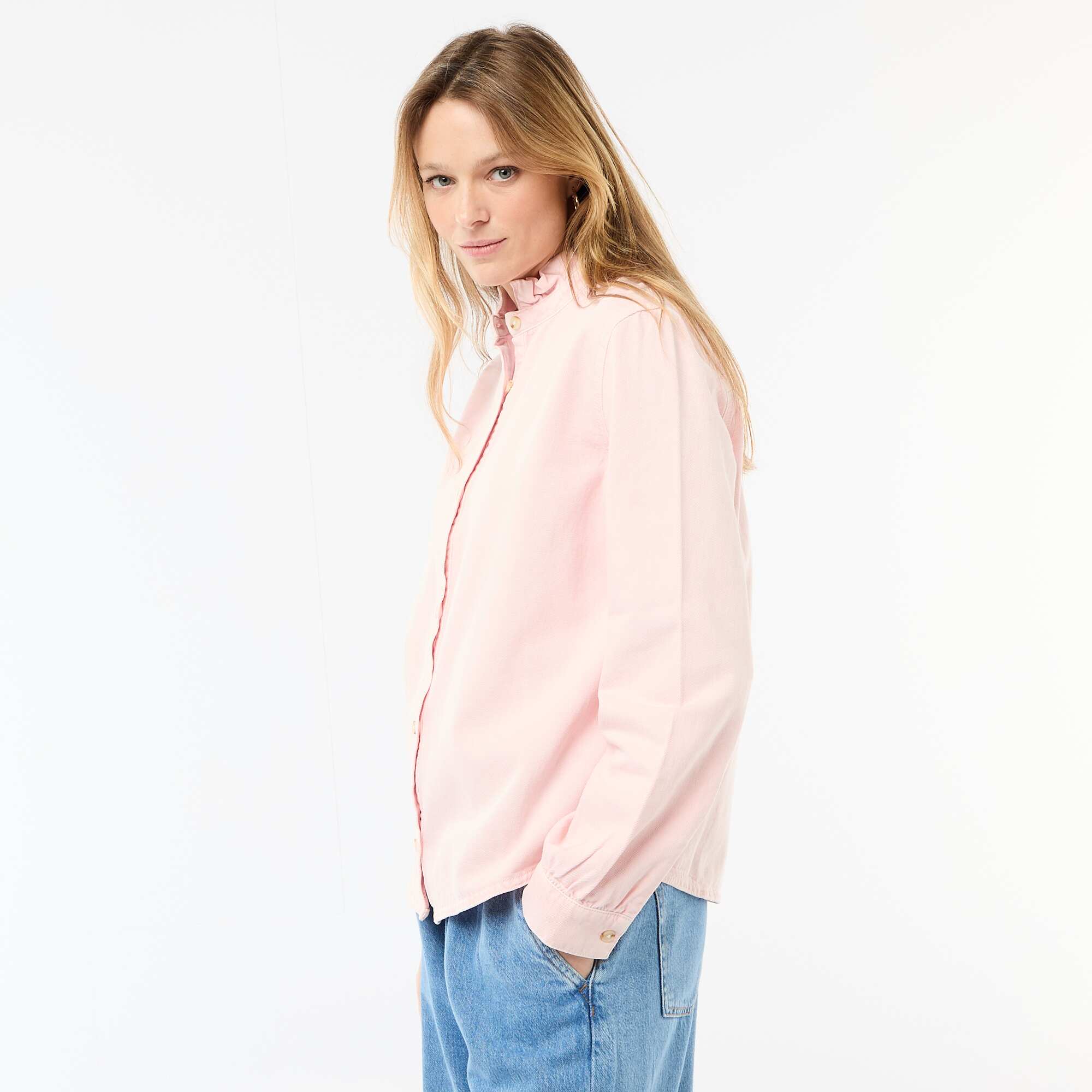 Denim Blouse with Ruffled Collar PINK - Image 6