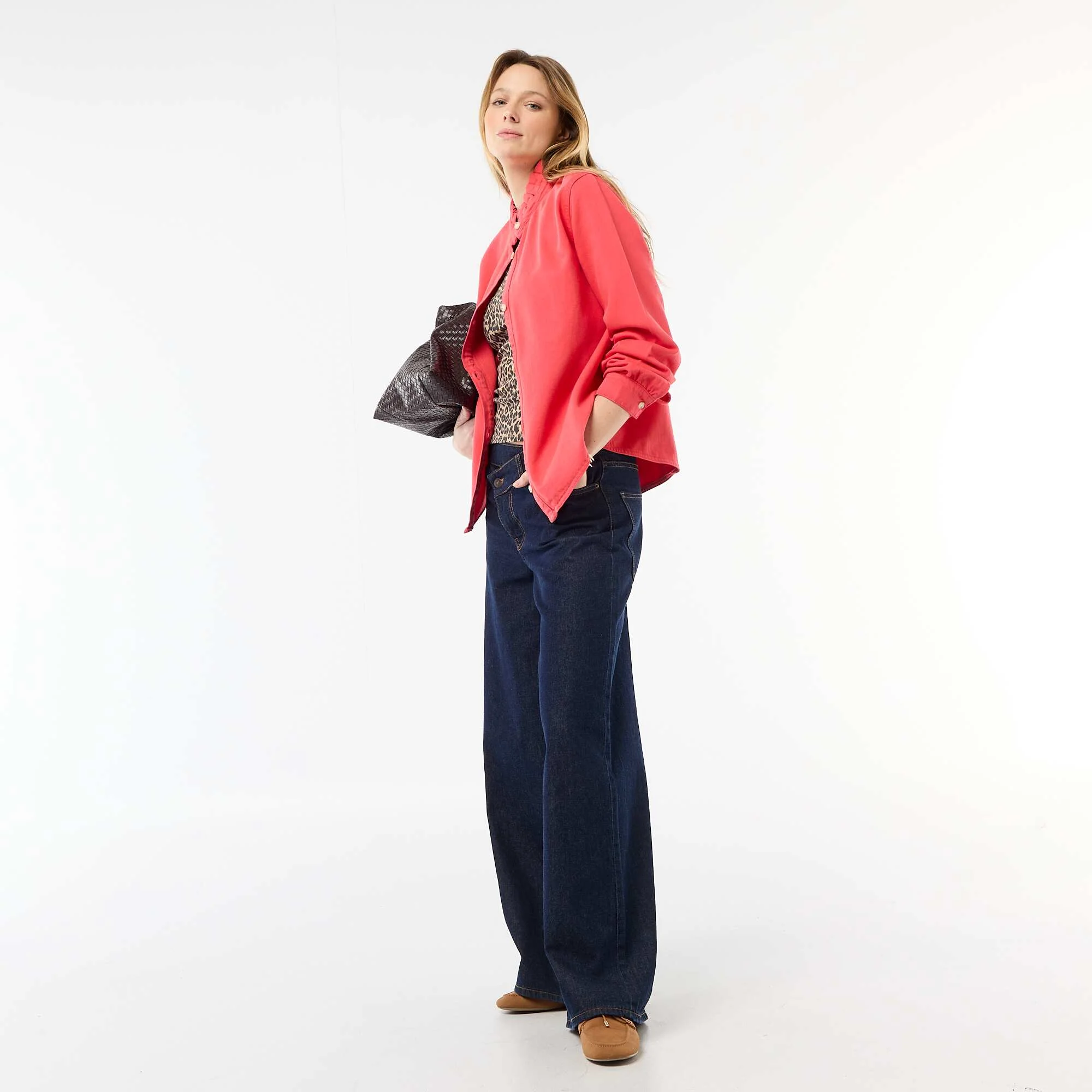 Denim Blouse with Ruffled Collar RED - Image 2