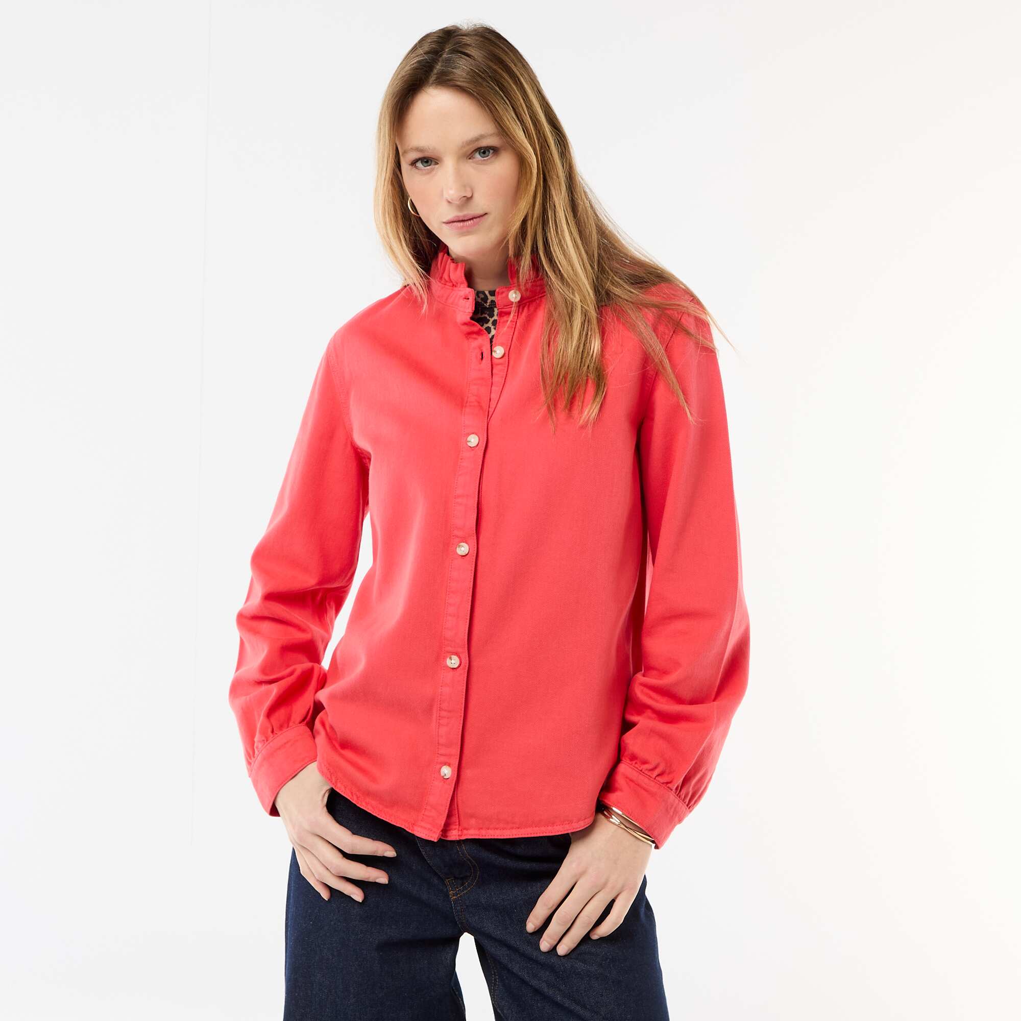 Denim Blouse with Ruffled Collar RED - Image 3