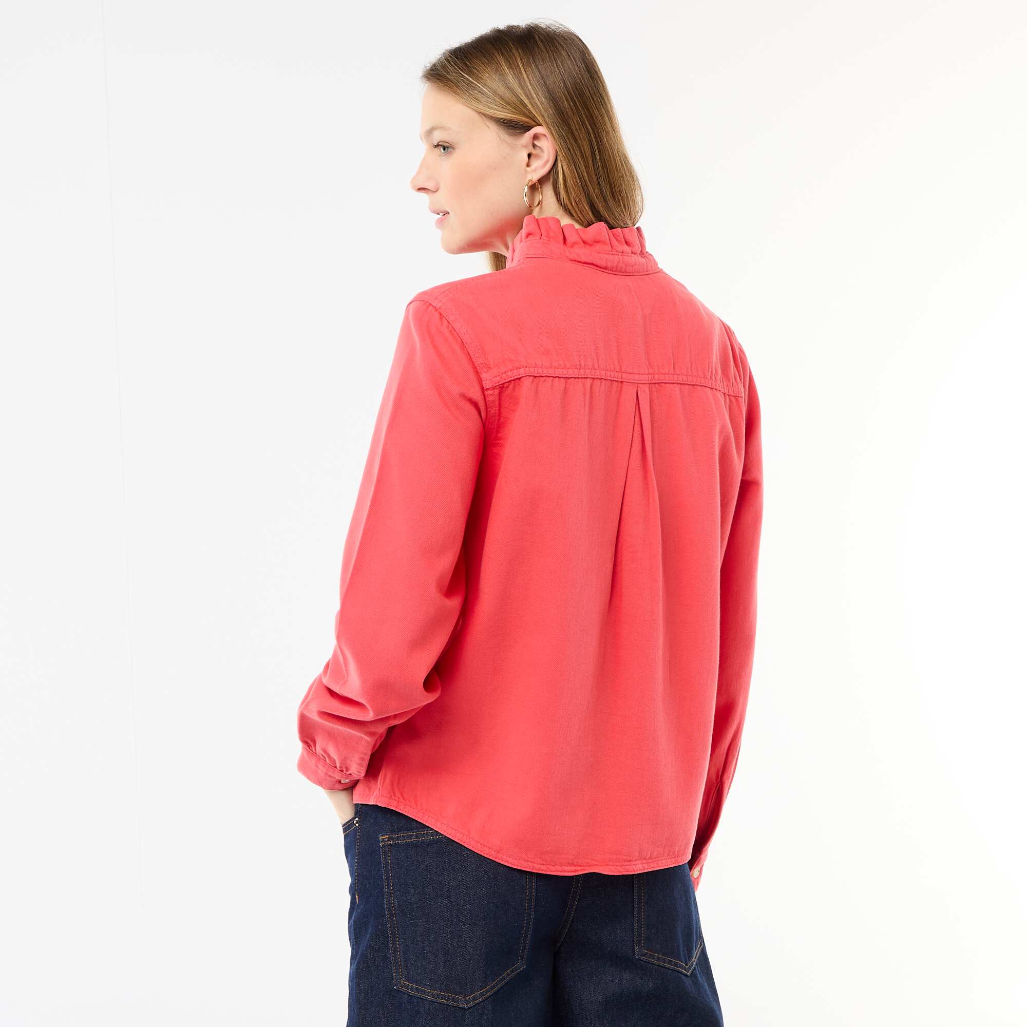 Denim Blouse with Ruffled Collar RED - Image 4