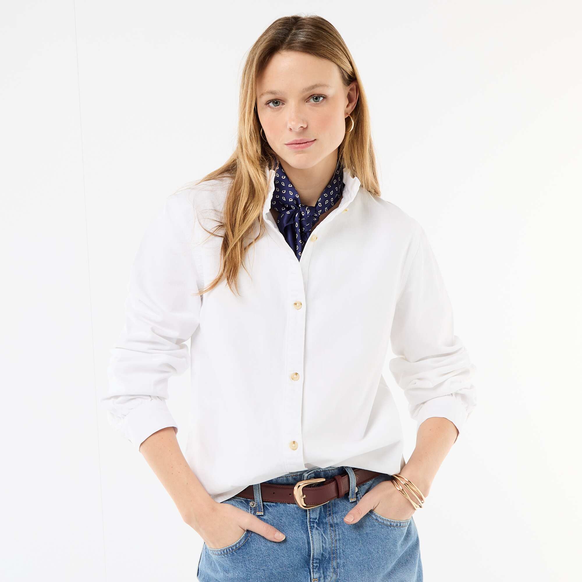 Denim Blouse with Ruffled Collar WHITE