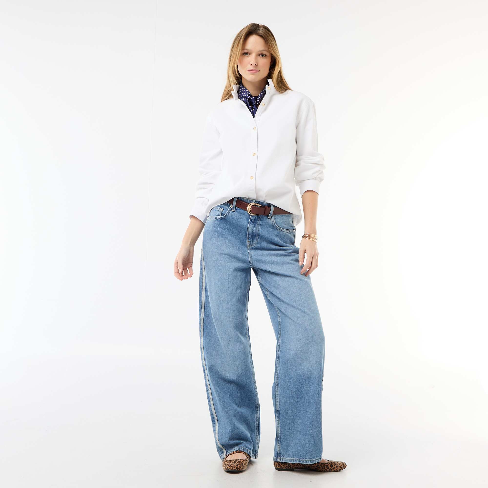 Denim Blouse with Ruffled Collar WHITE - Image 2