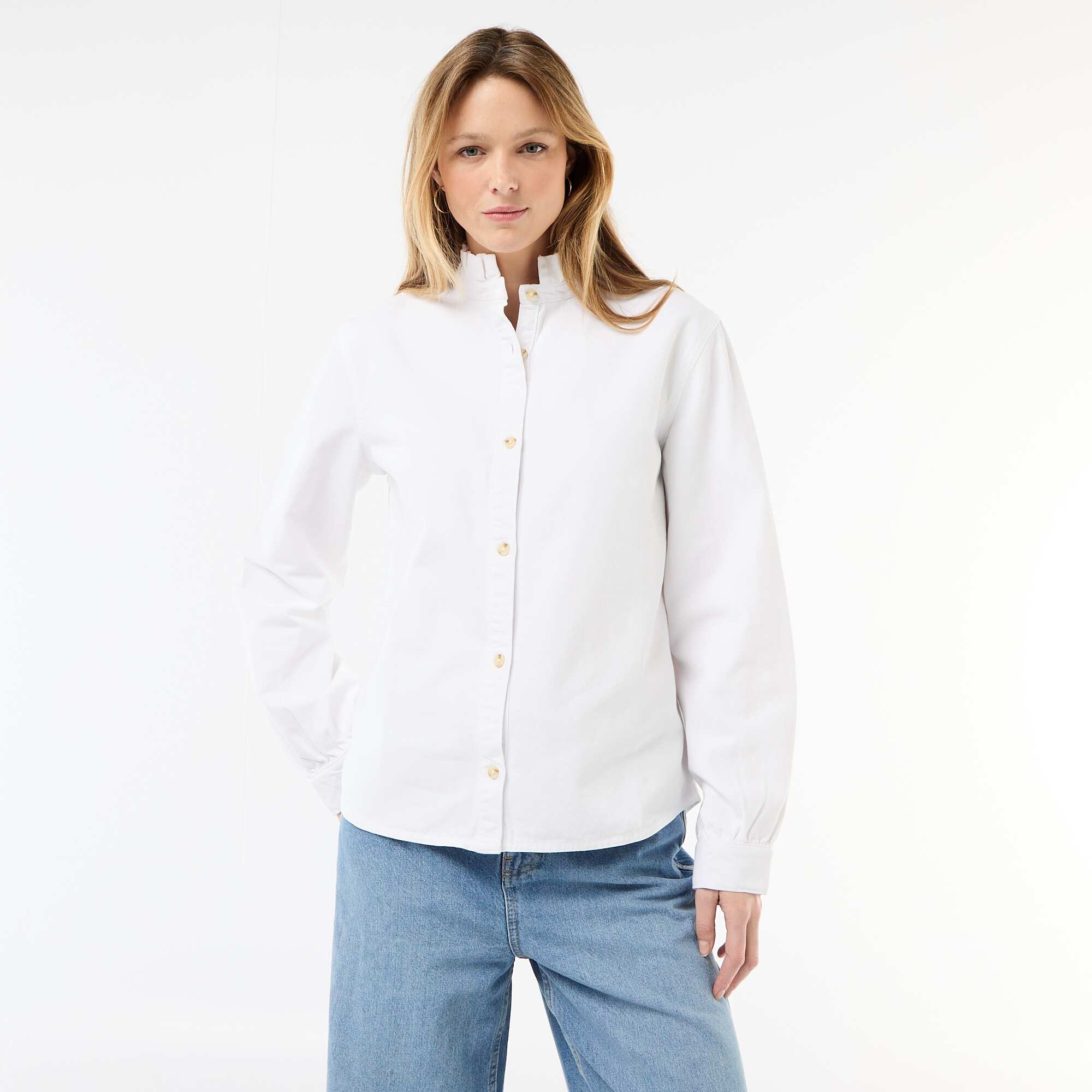 Denim Blouse with Ruffled Collar WHITE - Image 3