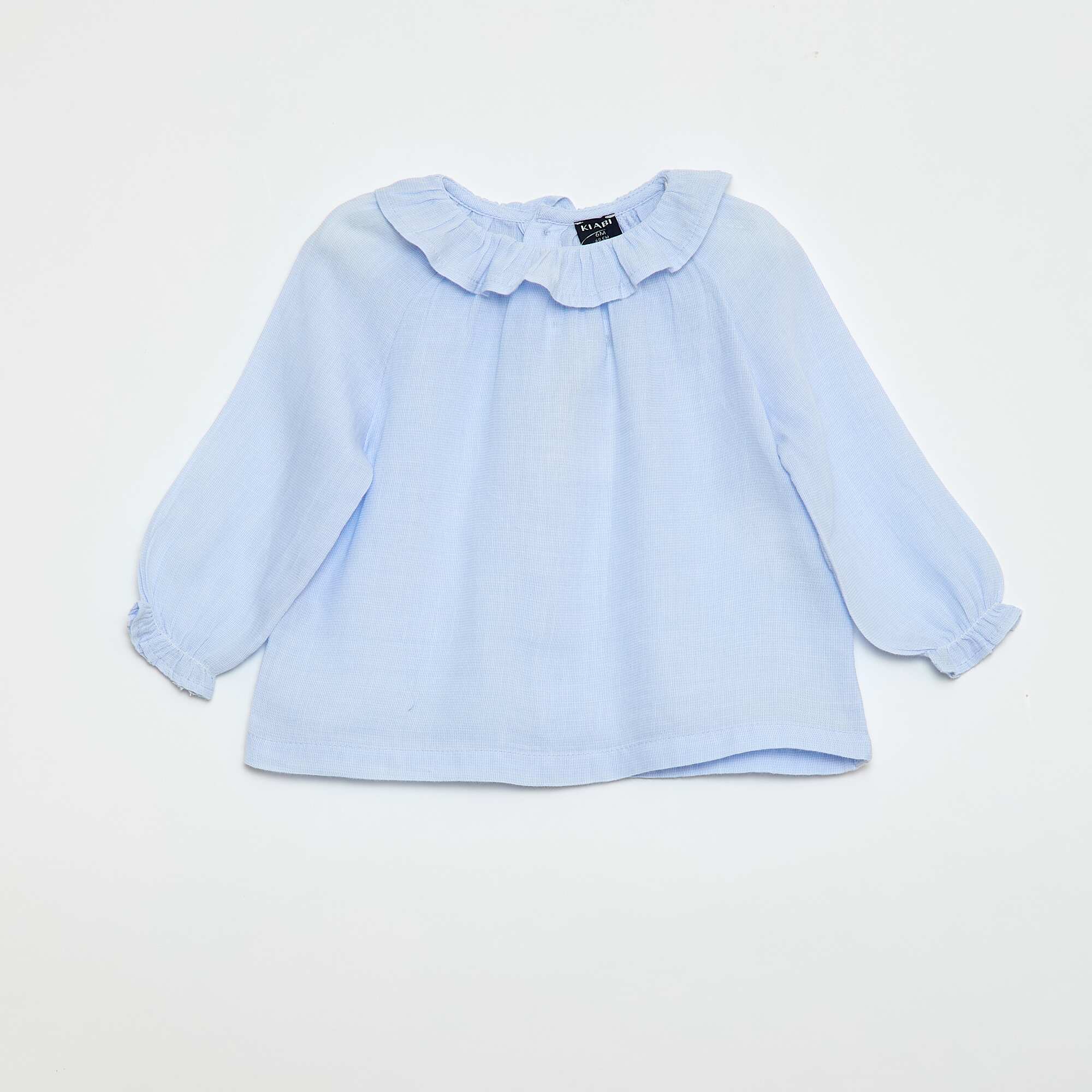 Dobby Blouse with Buttoned Back Opening BLUE