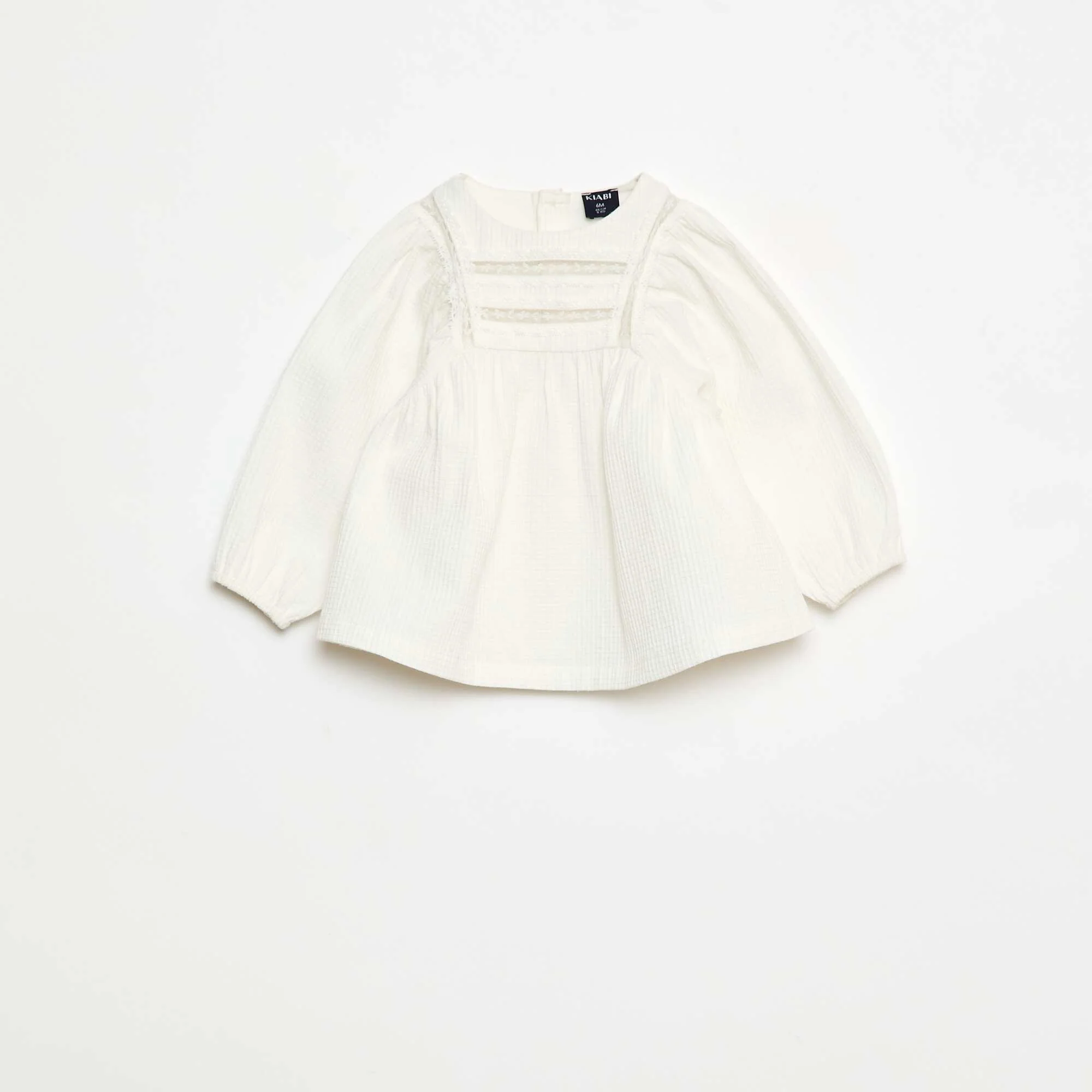 Dobby Blouse with Lace Yoke WHITE