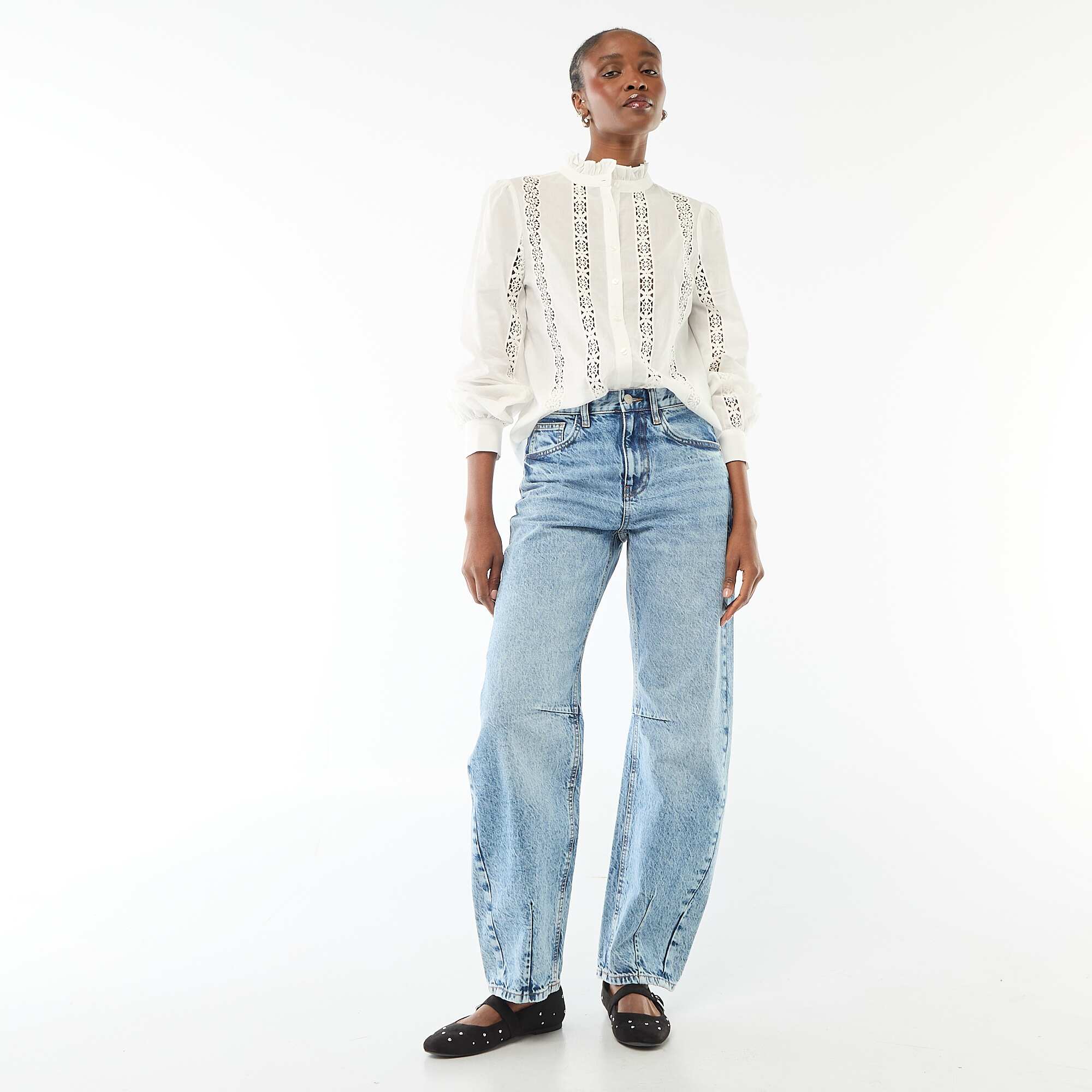Embroidered Blouse with Ruffled Collar WHITE - Image 5
