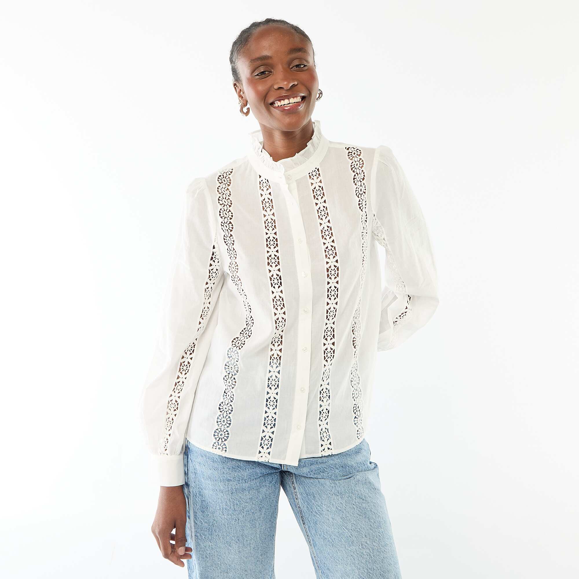 Embroidered Blouse with Ruffled Collar WHITE - Image 6