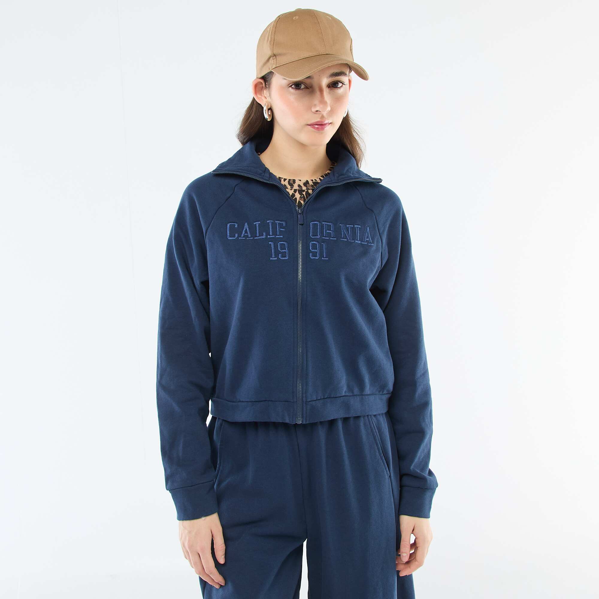 Embroidered Message Cropped Zip-Up Sweatshirt BLUE - Image 3