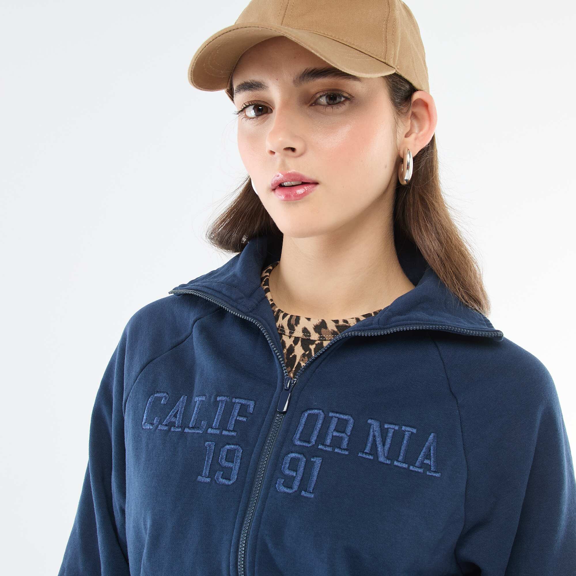 Embroidered Message Cropped Zip-Up Sweatshirt BLUE - Image 5