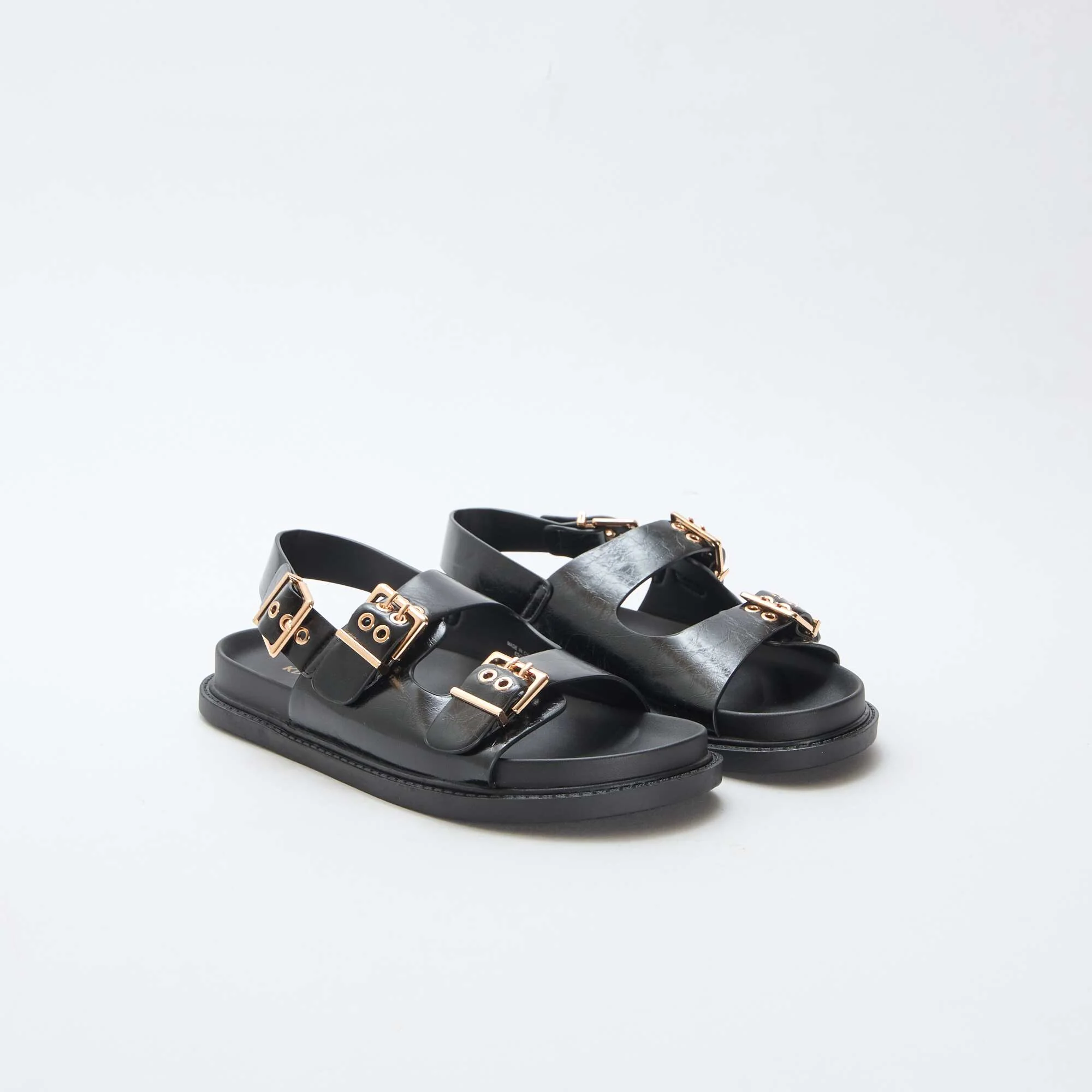Faux Leather Mules with 3 Adjustable Straps BLACK