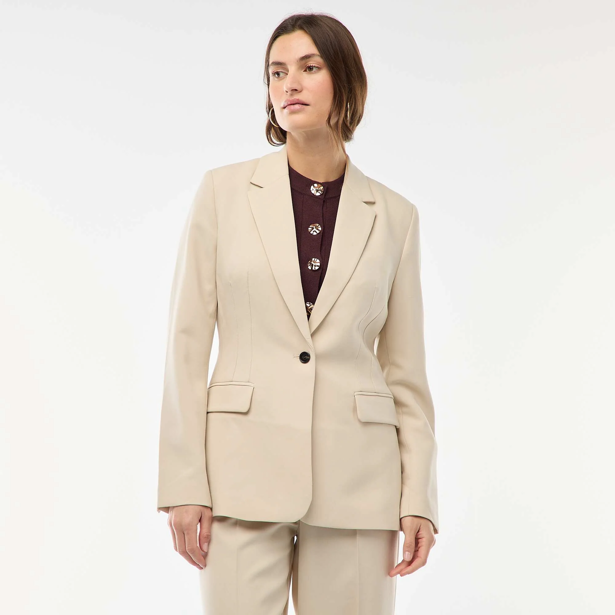 Fitted Solid Blazer Jacket BEIGE - Image 3