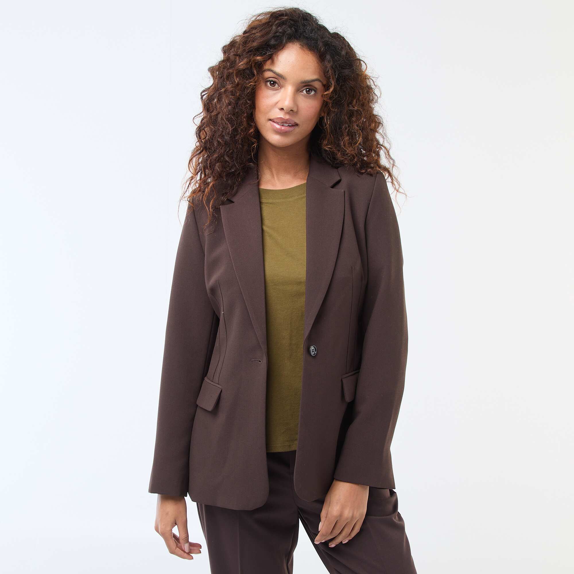 Fitted Solid Blazer Jacket BROWN