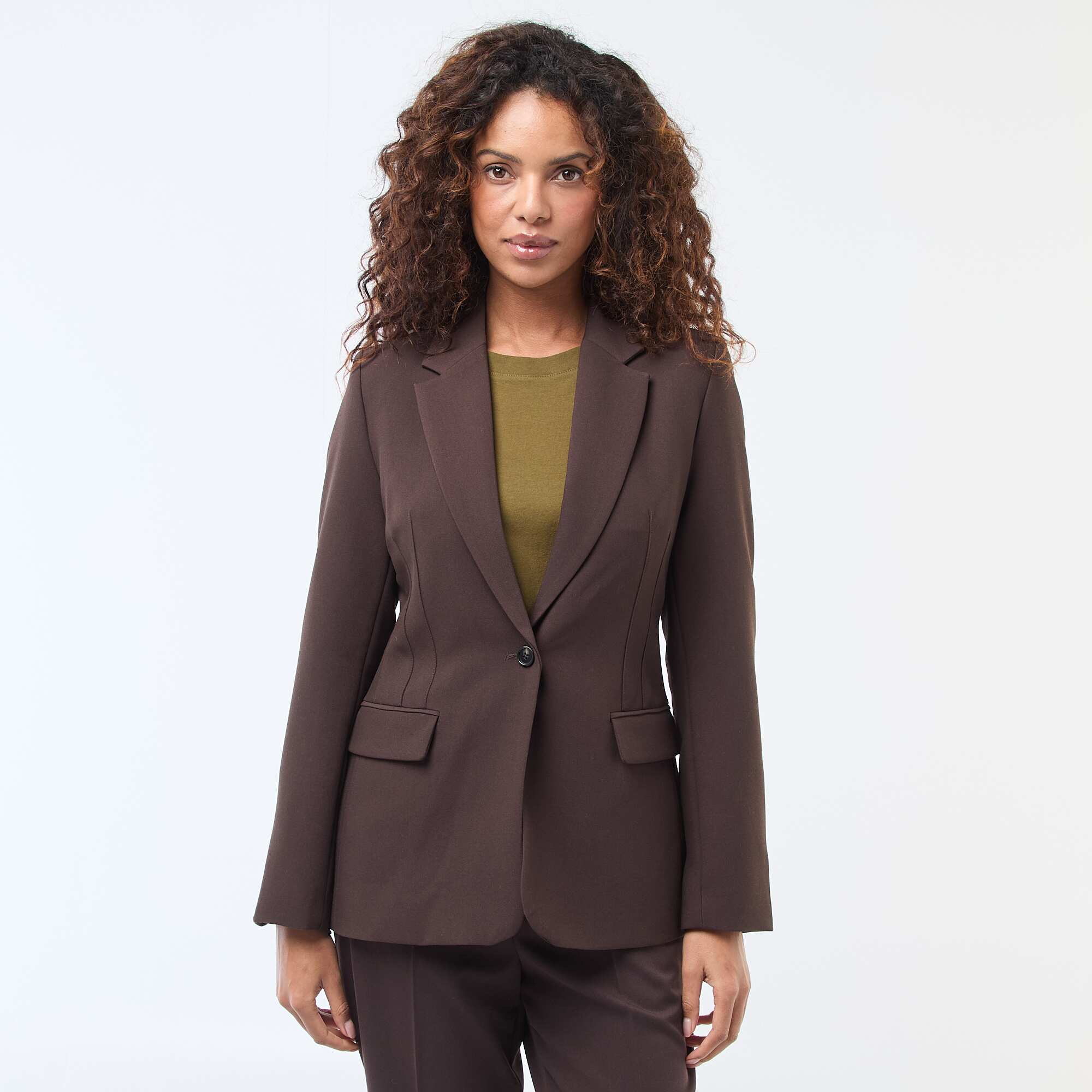 Fitted Solid Blazer Jacket BROWN - Image 3