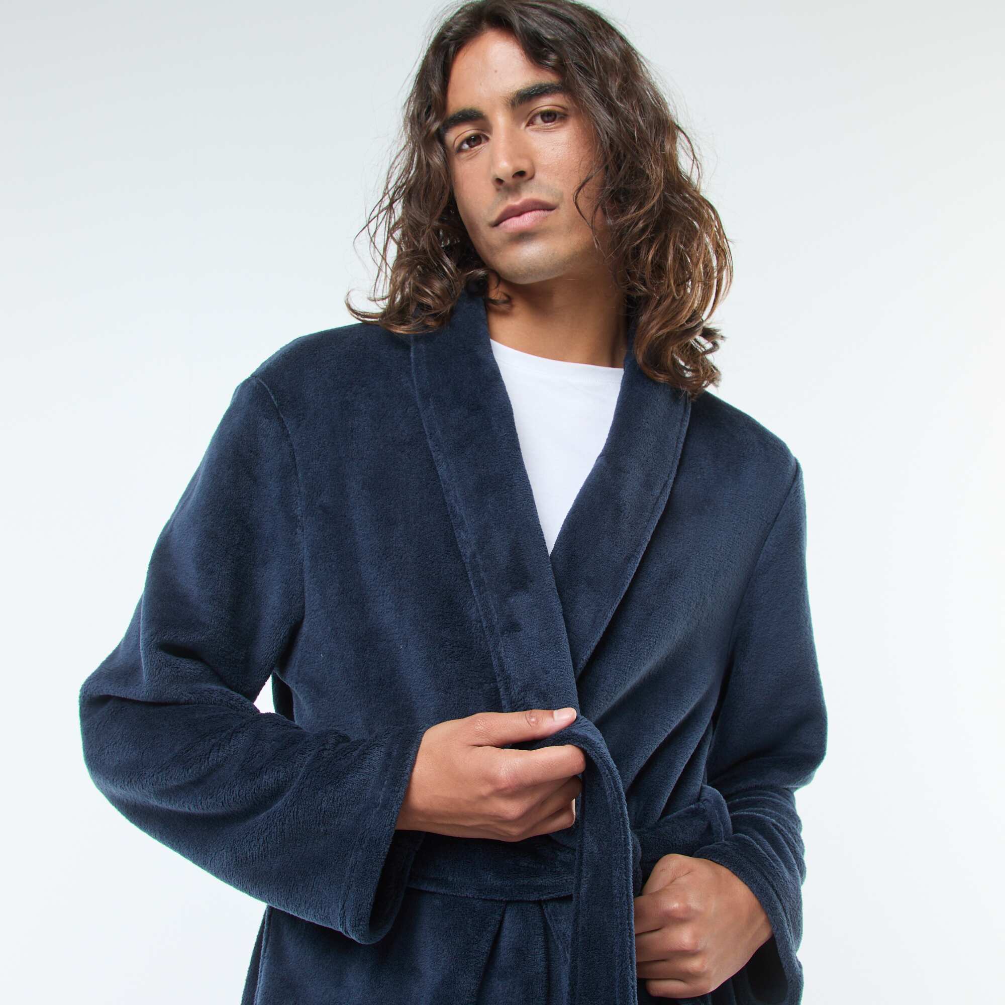 Fleece dressing gown with tie belt BLUE - Image 3