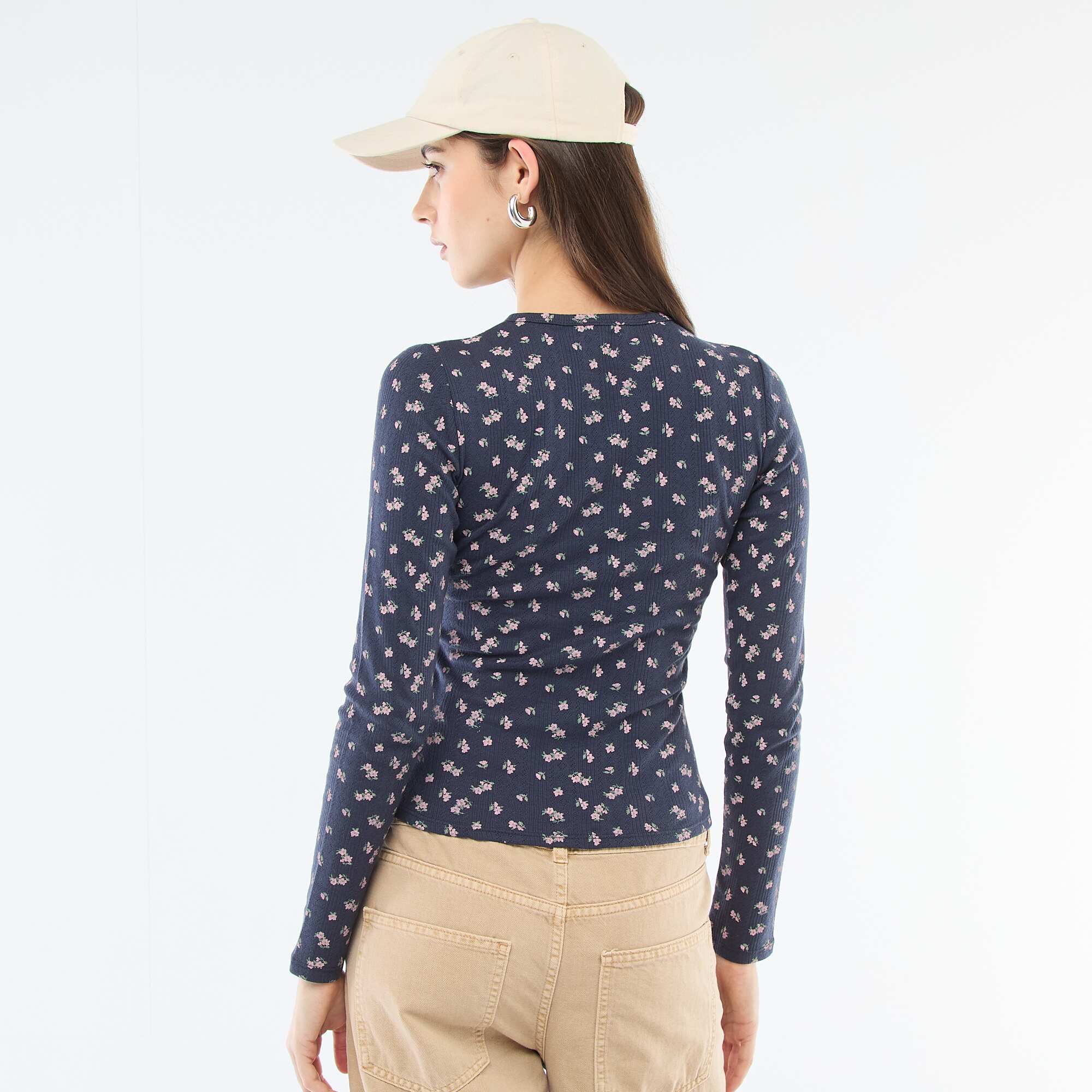 Floral Pointelle Knit T-Shirt BLUE - Image 3