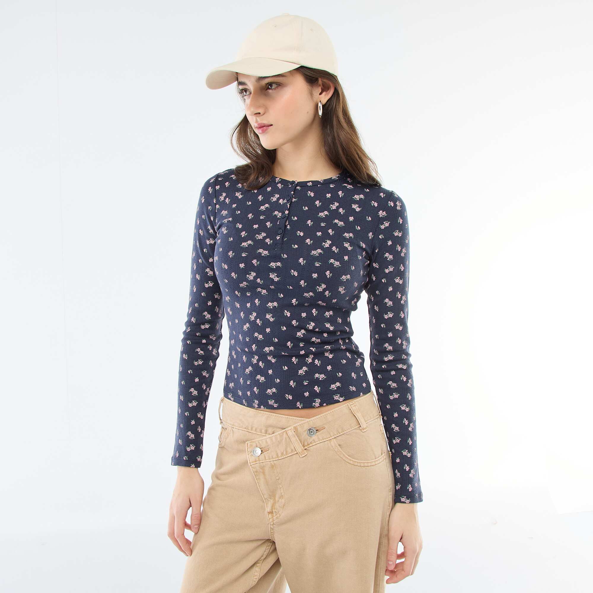 Floral Pointelle Knit T-Shirt BLUE - Image 4