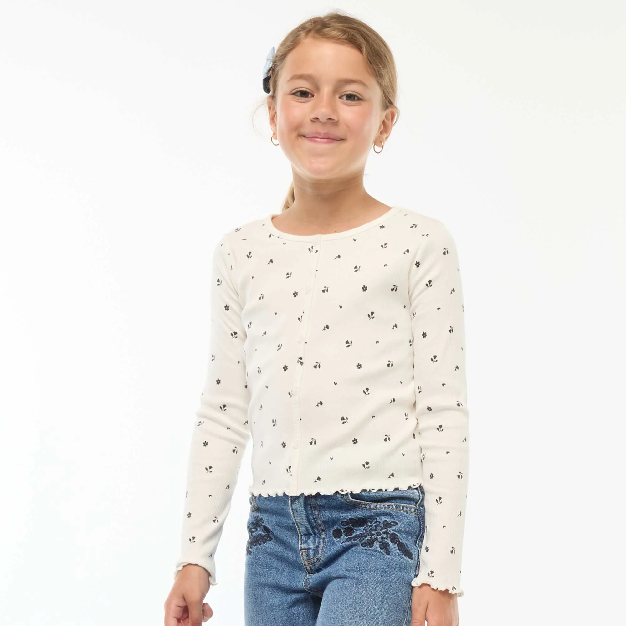 Floral ribbed T-shirt BEIGE