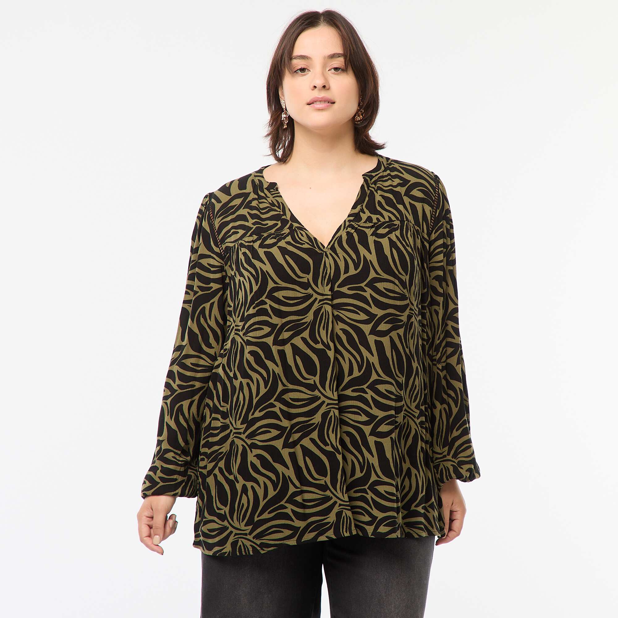 Flowing crêpe knit printed blouse GREEN - Image 3