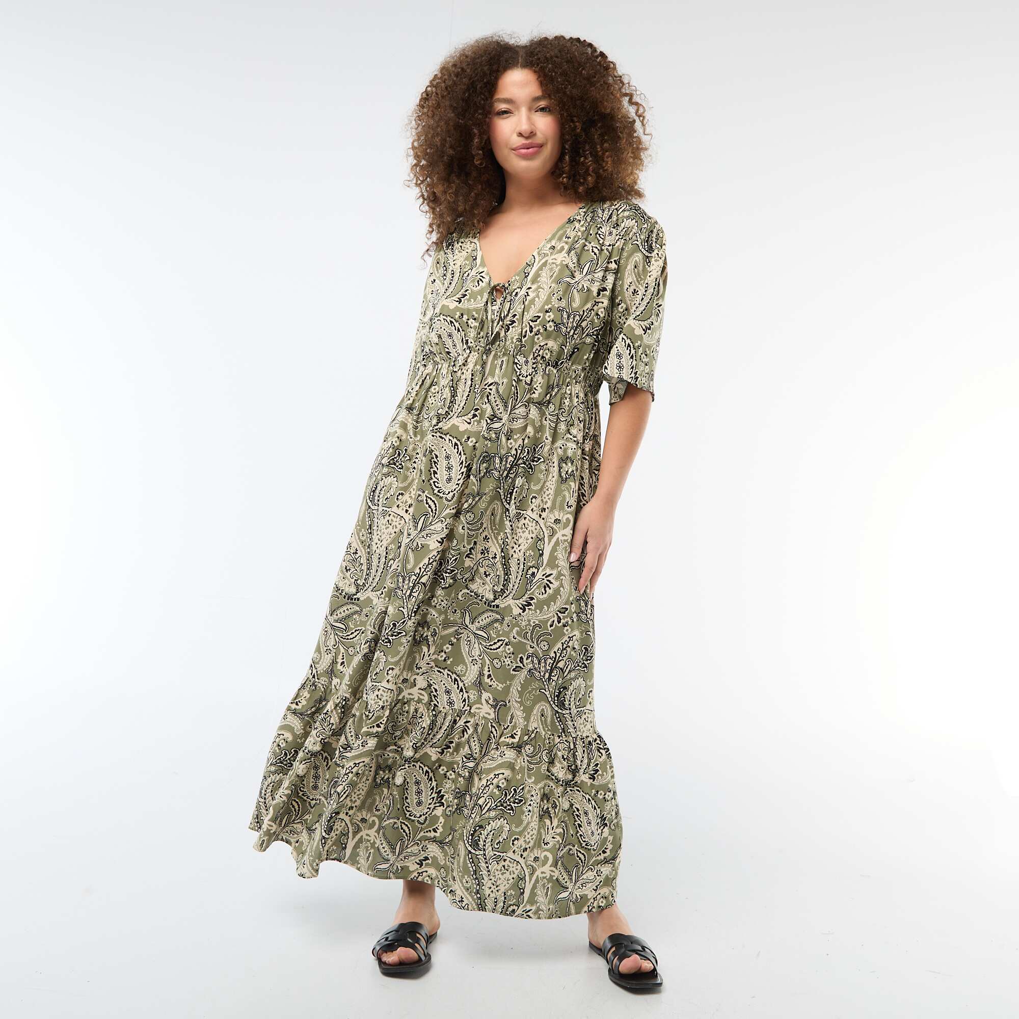 Flowing Printed Dress GREEN - Image 4