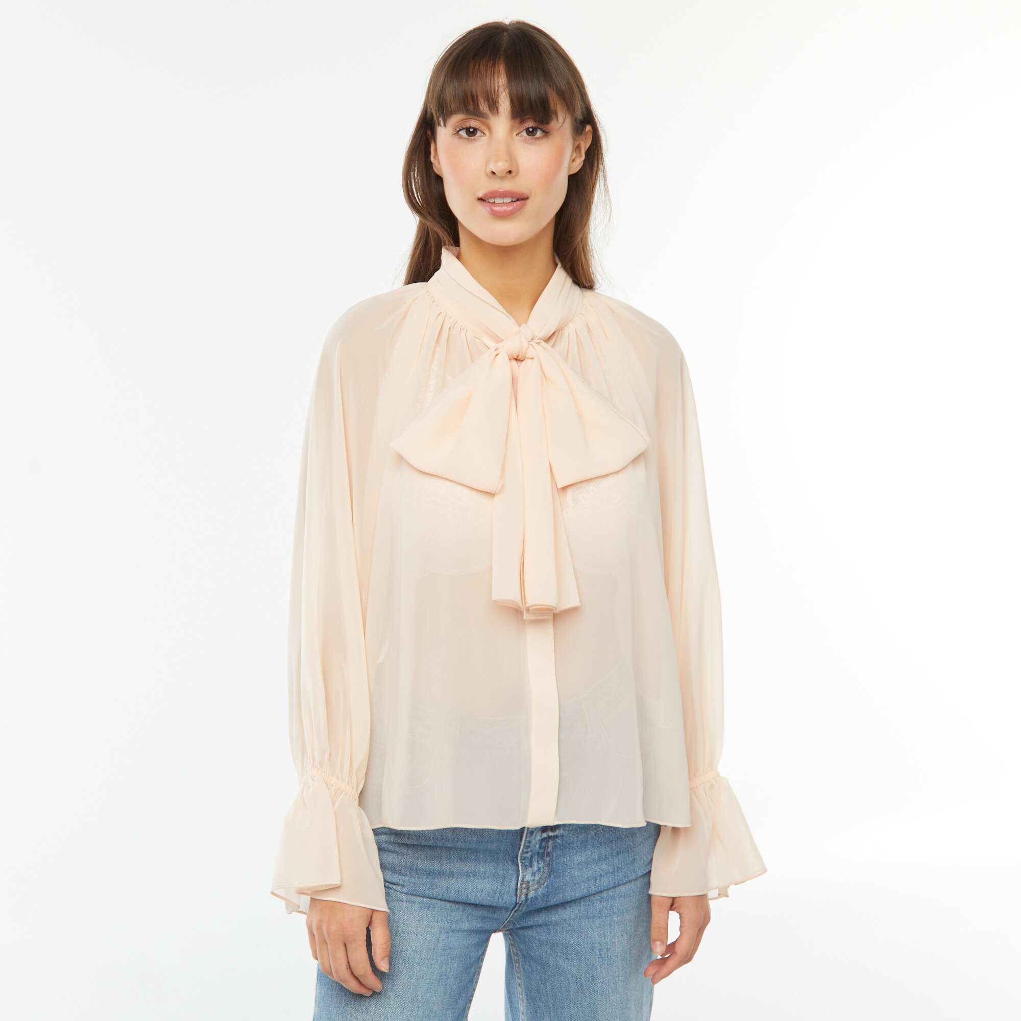 Flowing pussy bow blouse with ruffled sleeves BEIGE - Image 4