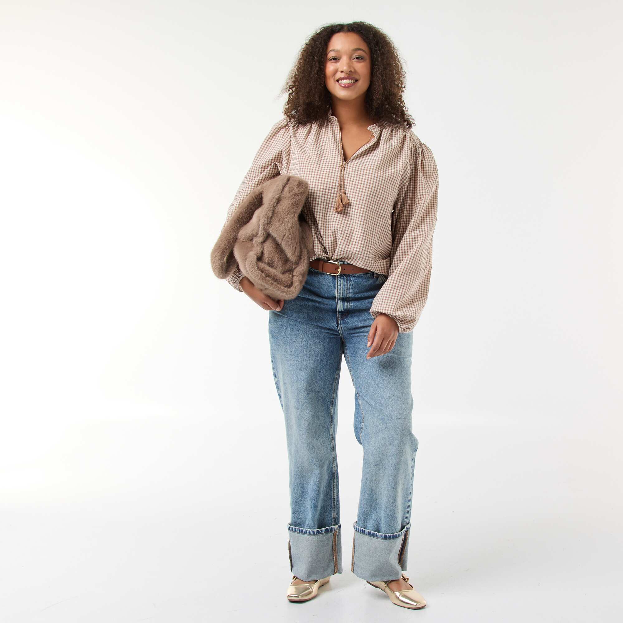 Flowy Gingham Check Blouse BEIGE - Image 2