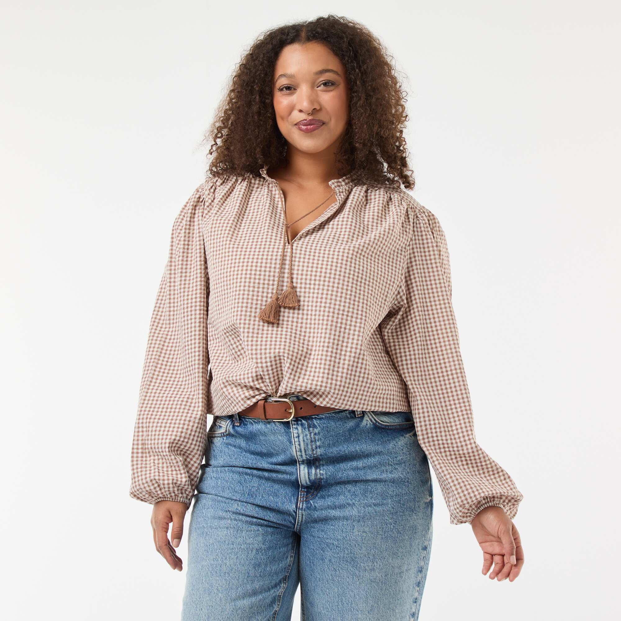 Flowy Gingham Check Blouse BEIGE - Image 3