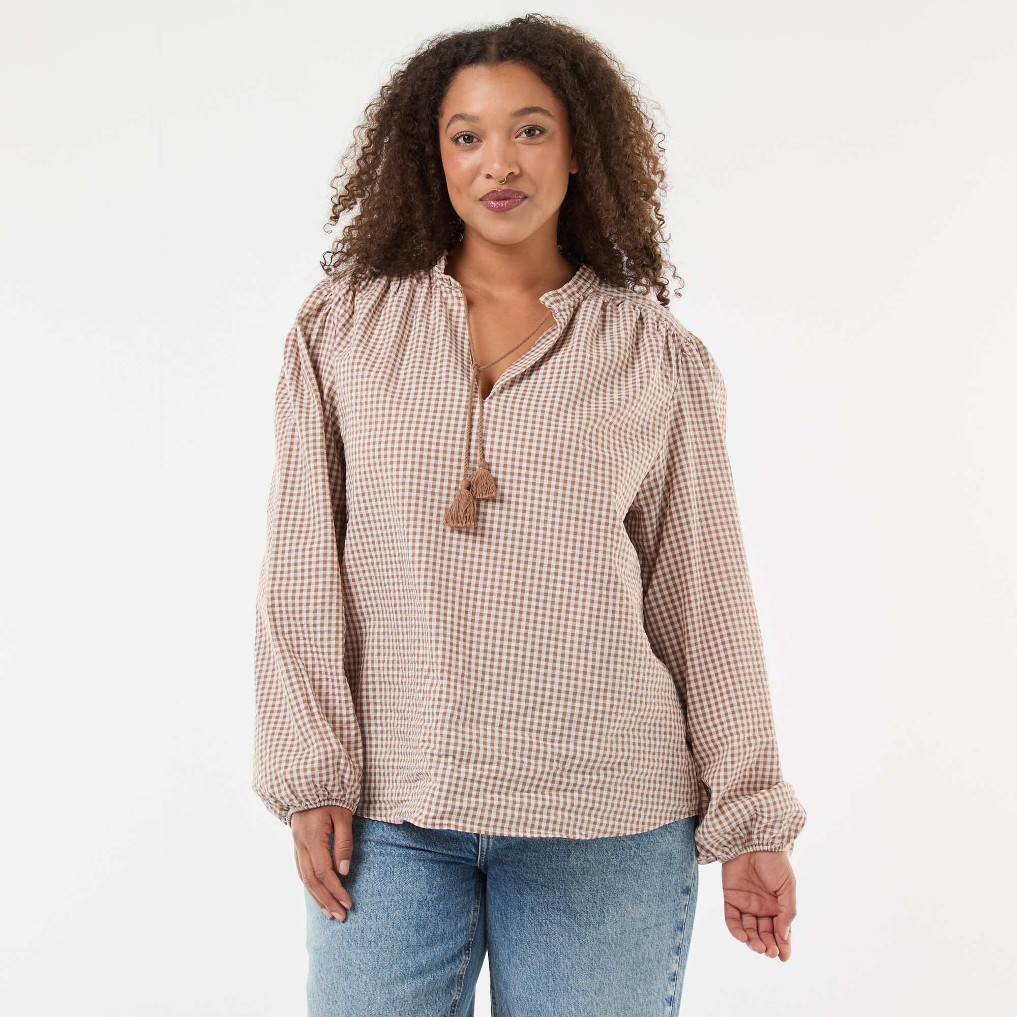 Flowy Gingham Check Blouse BEIGE - Image 4