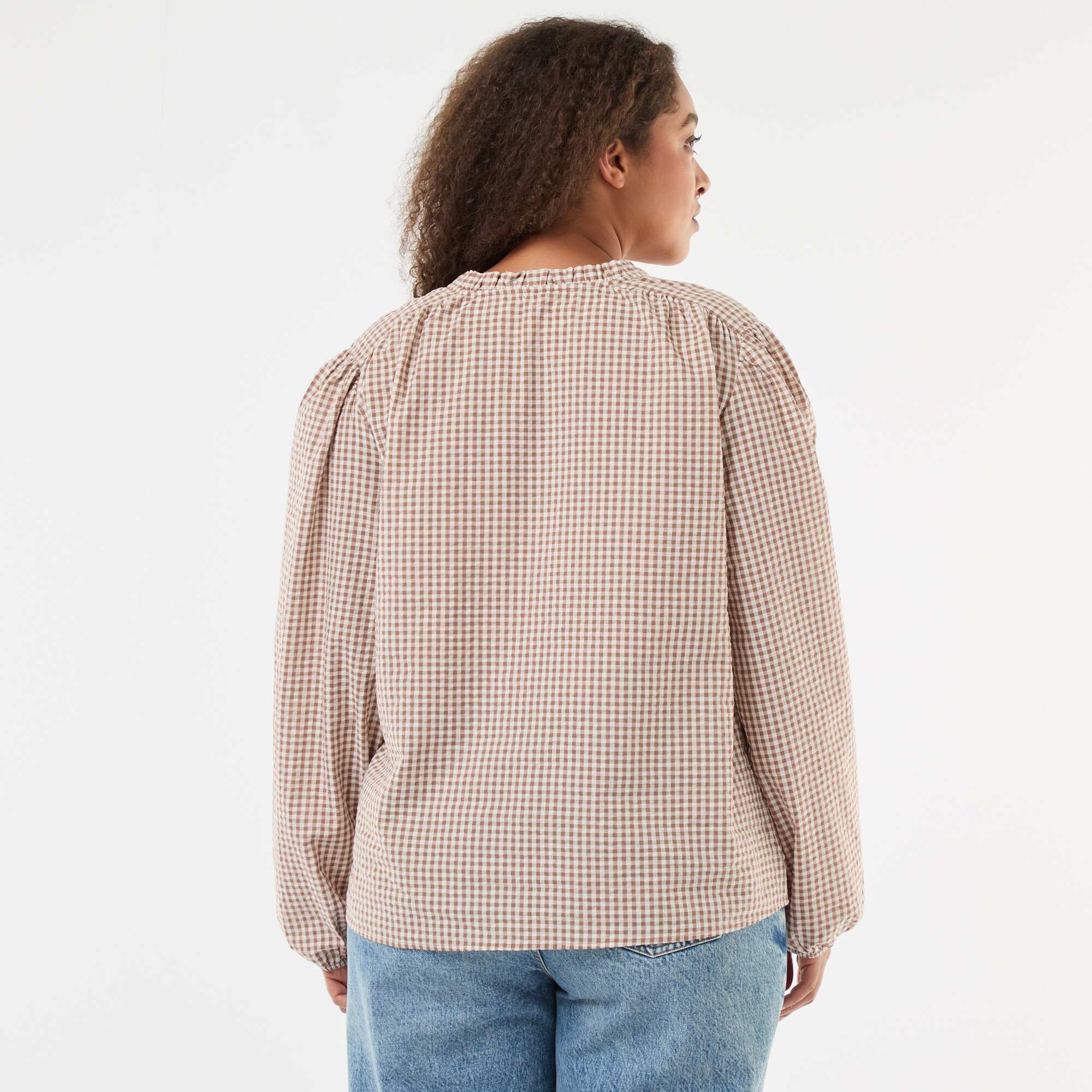 Flowy Gingham Check Blouse BEIGE - Image 5