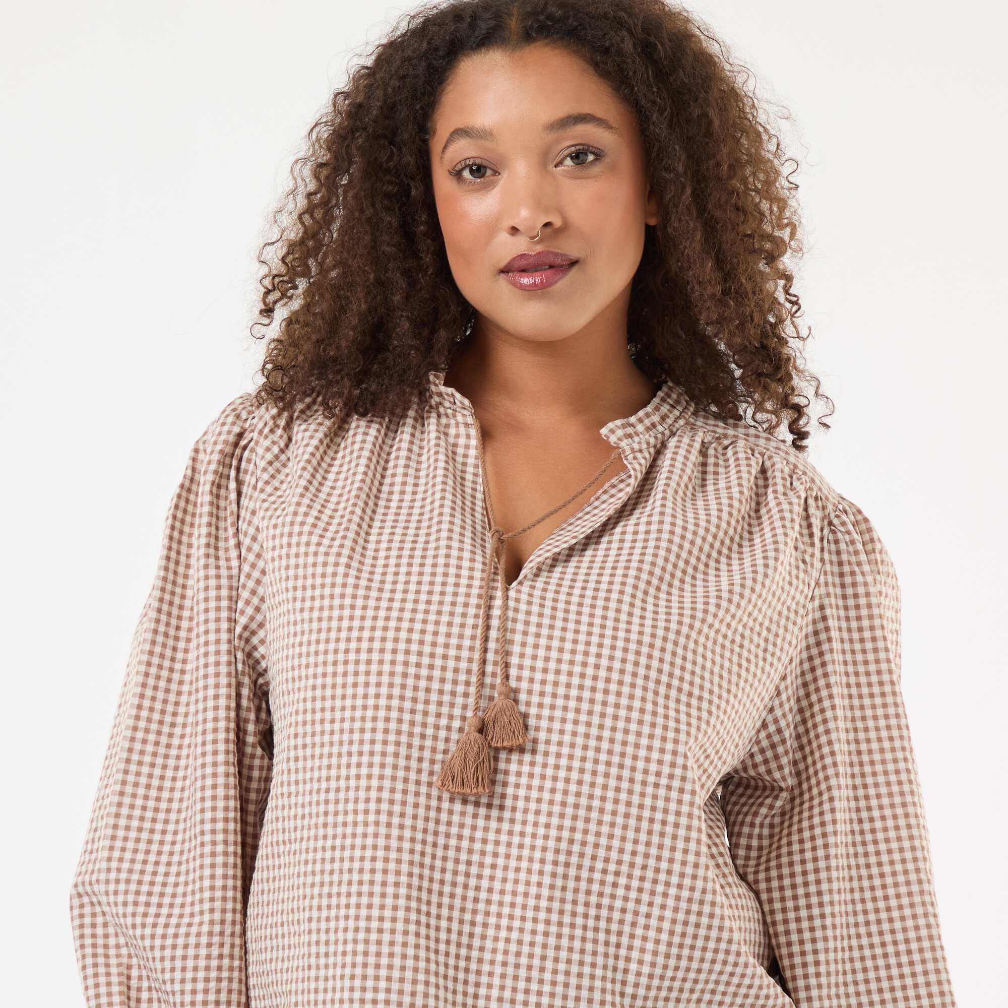 Flowy Gingham Check Blouse BEIGE - Image 6