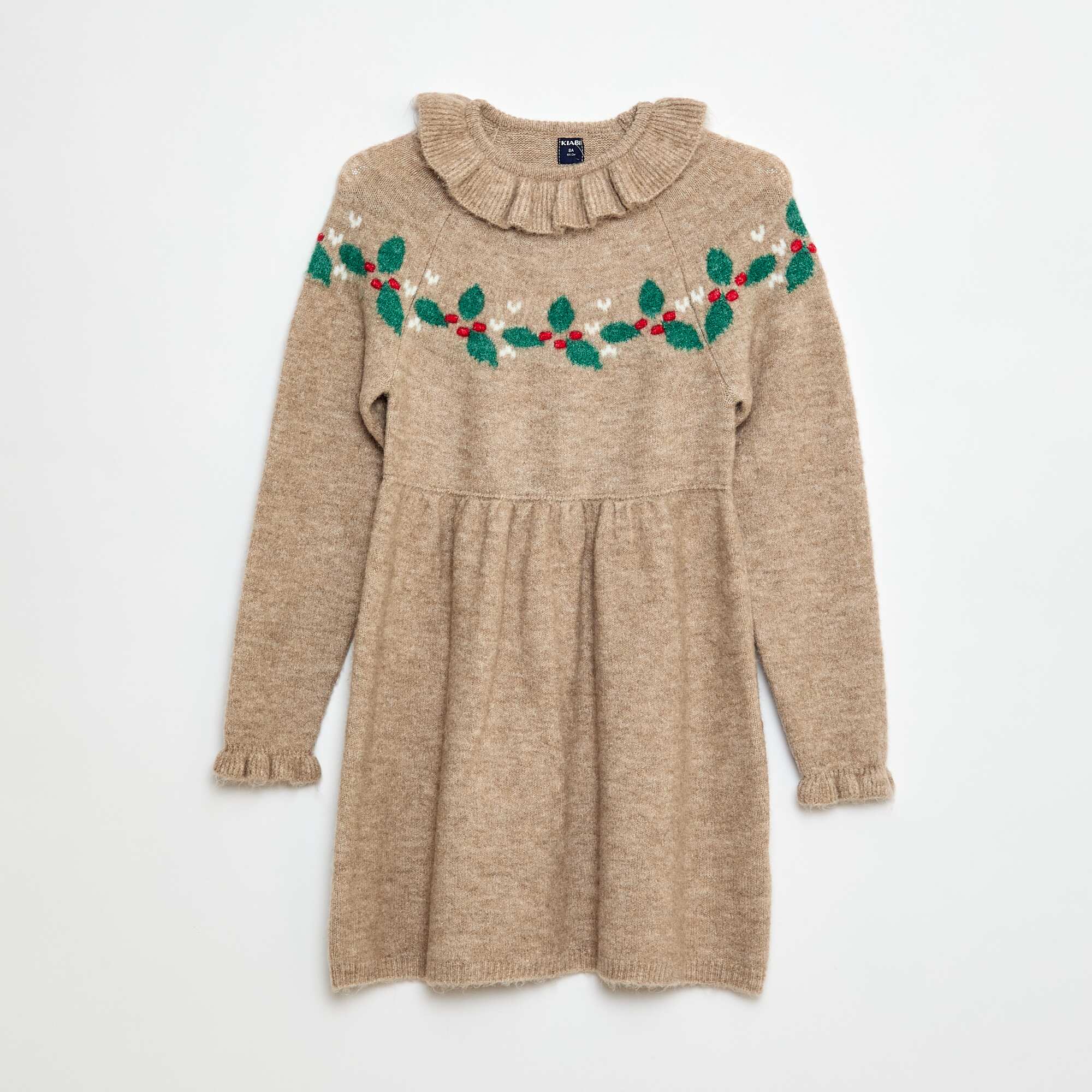 Fluffy Knit 'Christmas' Dress with Frill Collar BEIGE