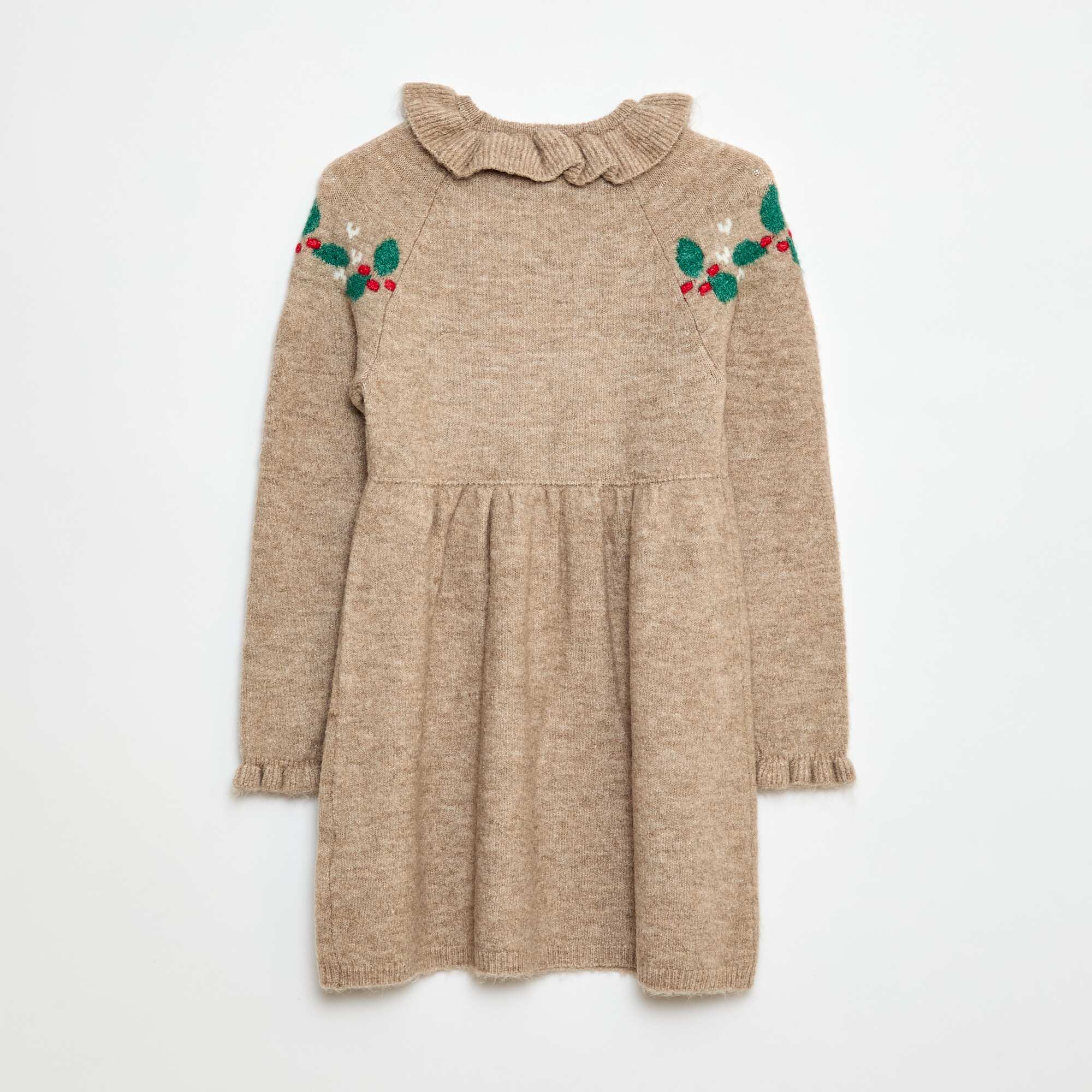 Fluffy Knit 'Christmas' Dress with Frill Collar BEIGE - Image 2
