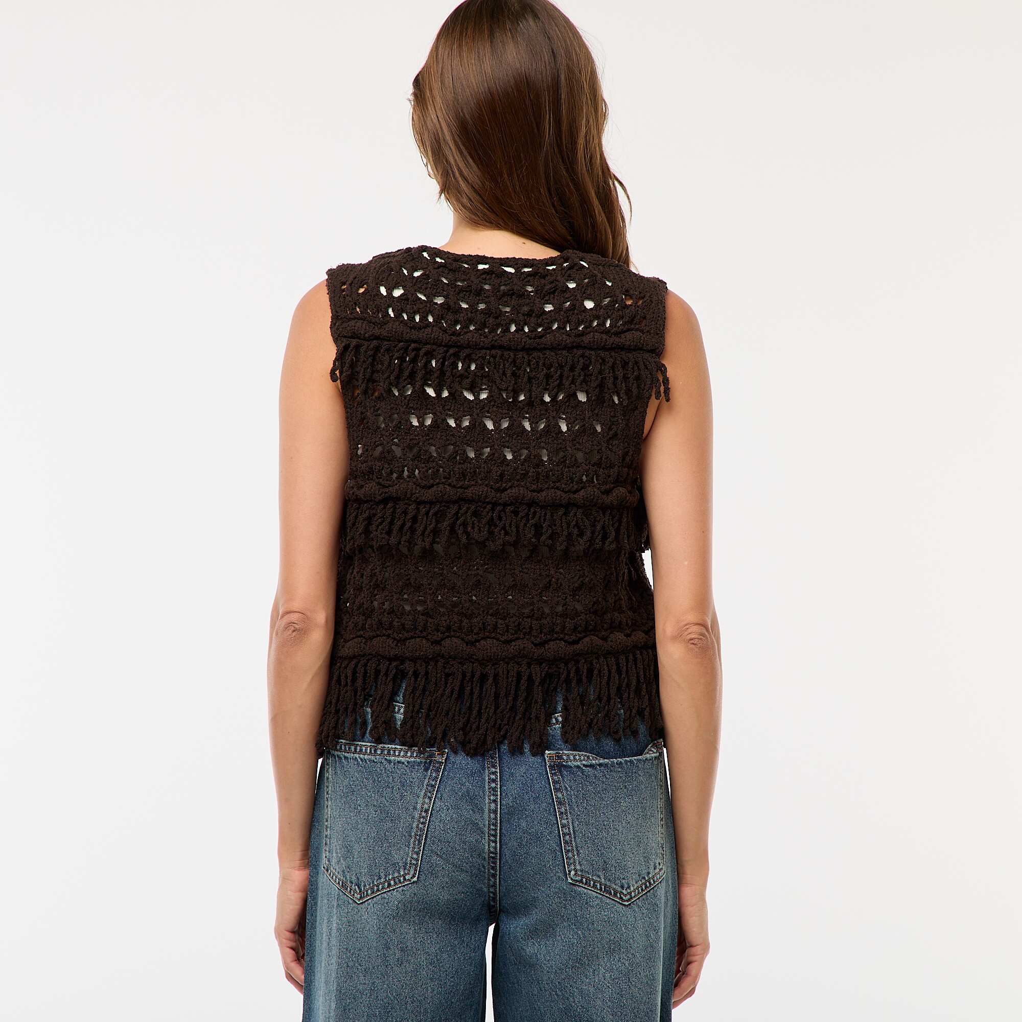 Fringed Sleeveless Vest BROWN - Image 3