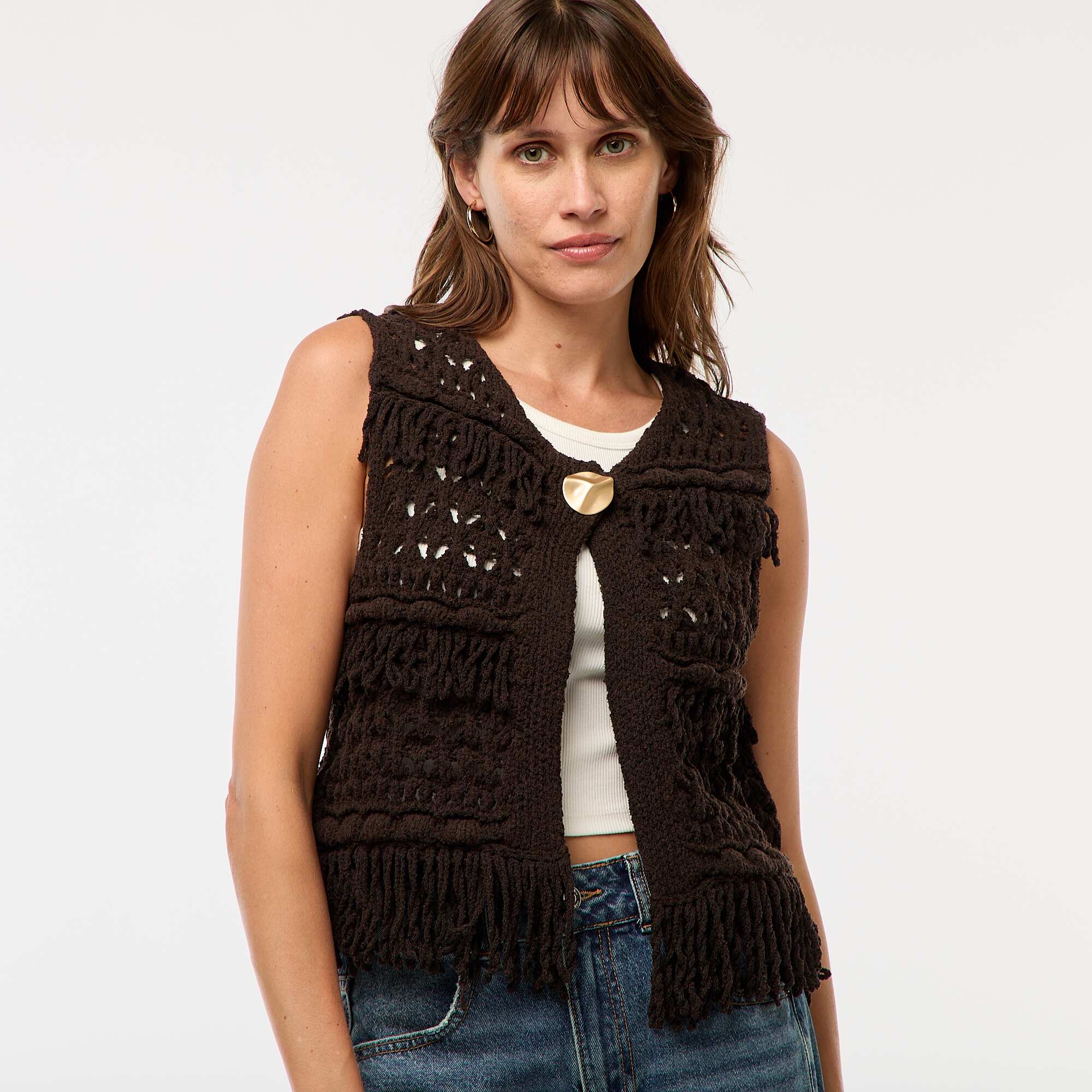 Fringed Sleeveless Vest BROWN - Image 4