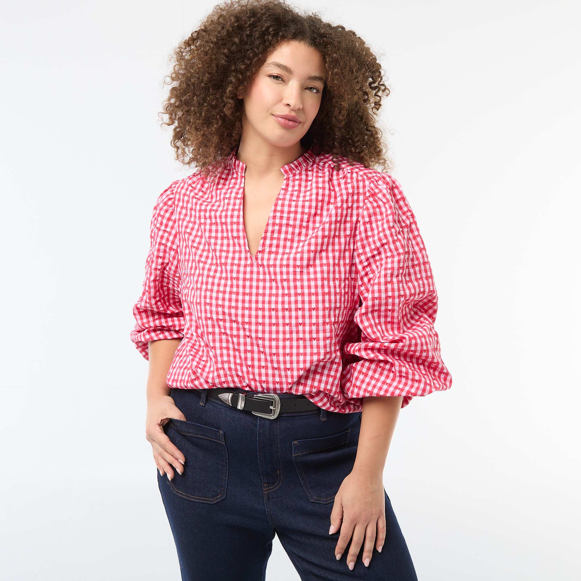 Gingham Blouse with Heart Print RED