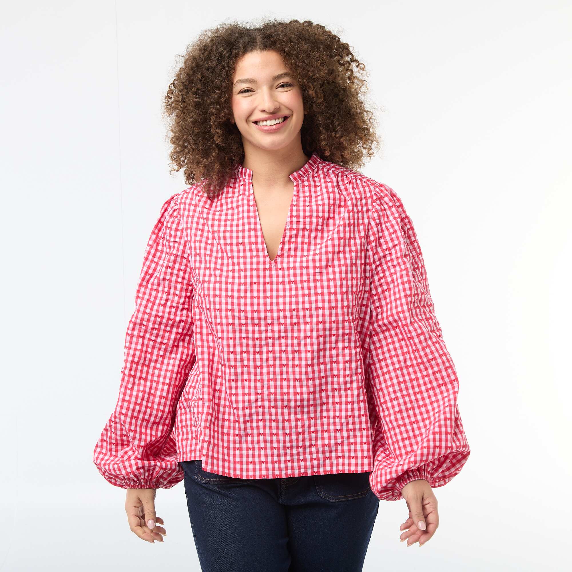 Gingham Blouse with Heart Print RED - Image 4