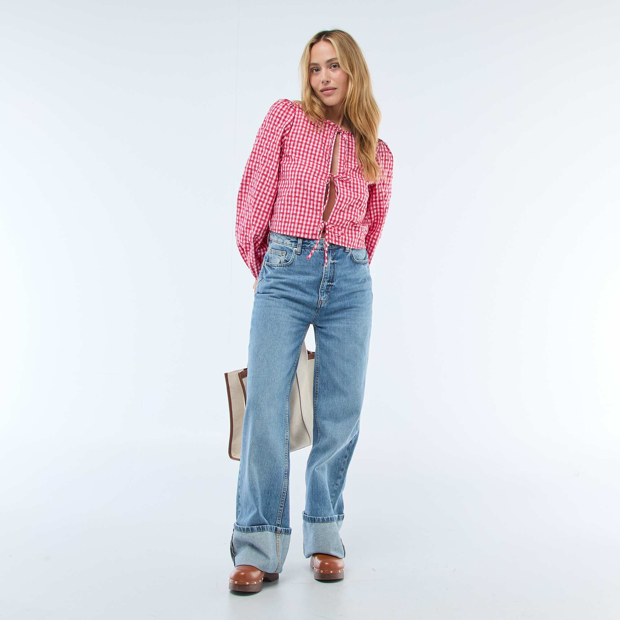 Gingham Blouse with Tie Details RED - Image 3