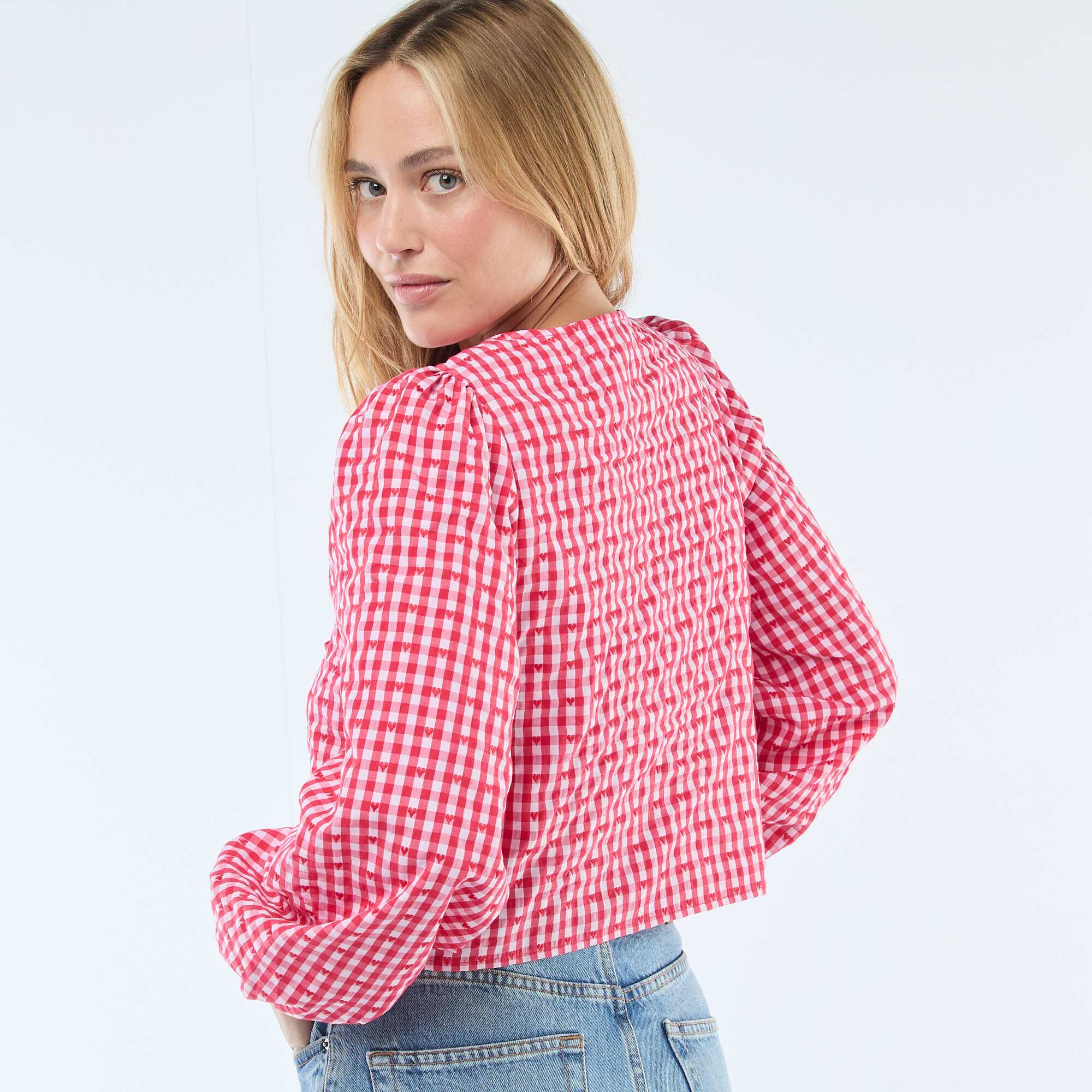 Gingham Blouse with Tie Details RED - Image 4